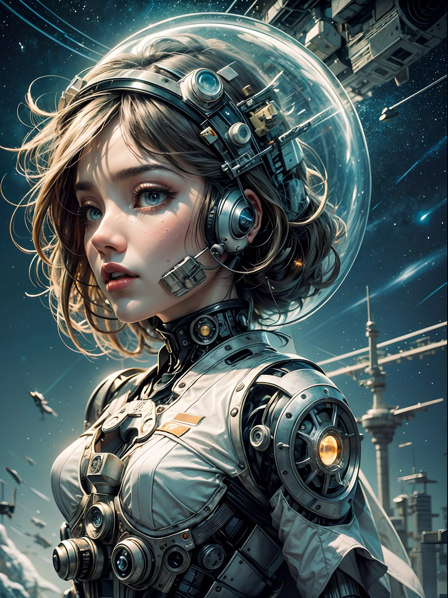 tmasterpiece,1 monk warrior girl with white tech suit clothes,White long hair,laces,abstract vintage scifi background,art by Moebius,Ashley Wood's art,dynamicposes,Wandering Earth,Space Starry Sky,Futuristic architecture, arquitectura premiada, skyscraper architectureCity, Photographic style, rendering, Alameda de plane trees, Highly detailed dream building in the architectural styles of Oscar Niemeyer and Ernst Haeckel :: Arquiteturacore :: High contrast wide avenue in front full of trees, Realistic visuals of plane trees,attractive beautiful,dramatic contrast,Gentle lighting,Delicate warmth,the soft light,hyper HD, Extremely colorful,best qualityer,perfect female shape,HighDynamicRange,long eyelasher,Unbeatable masterpiece,Snow-whiteskin,putting makeup on,,starrysky,arbitrator,glorious,Heteropupil,Reward the sexy goddess,Large metal mechanical gears,Strange sky,8K high quality,A pair of big eyes are beautiful and moving,White skin,Makeup,Sexy outfit, 【Background with】Large gold gear,Doomsday ruins,Giant tornado,The setting sun burns the clouds,Multiple planets,The end of the world,Multiple planets,Mards,Jupiter,Lightning Thunder, Mercury,Strange sky,Giant tornado,Blue light,salama,Large flying machines,Large flying saucers,ufos,Cool car,Time Tunnel,nuclear power plant,Futuristic car,Cool headlights,Mechanical pets,space shuttle,The rocket takes off and ignites。