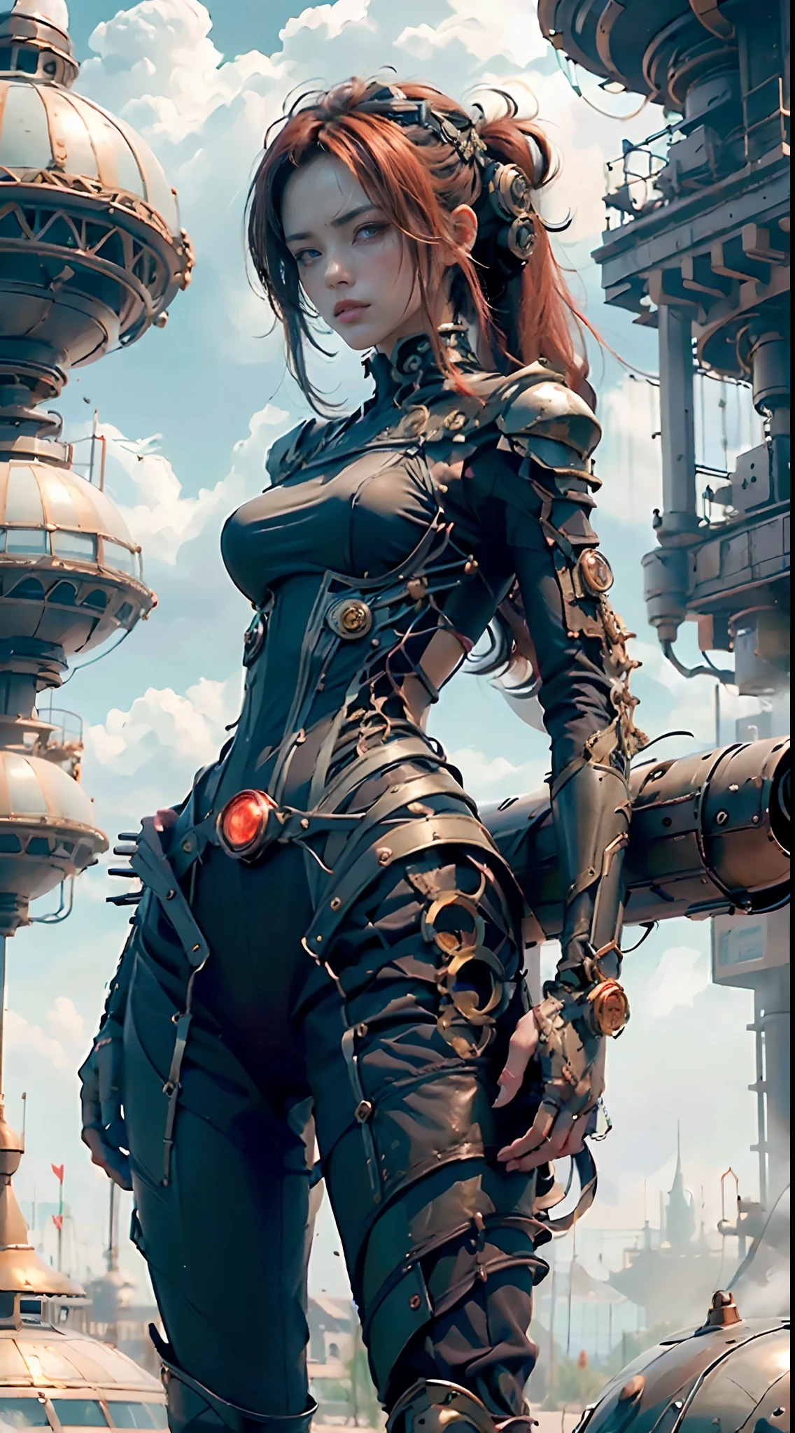 (Best Quality,4K,High resolution), 18yo woman, Red mesh hair on black hair, Long hair, Straight hair, , Comical appearance，Human machinery，android，Damaged body，fights，buttle，sharp eye，glares，irate，facing the front there，Look at viewers，