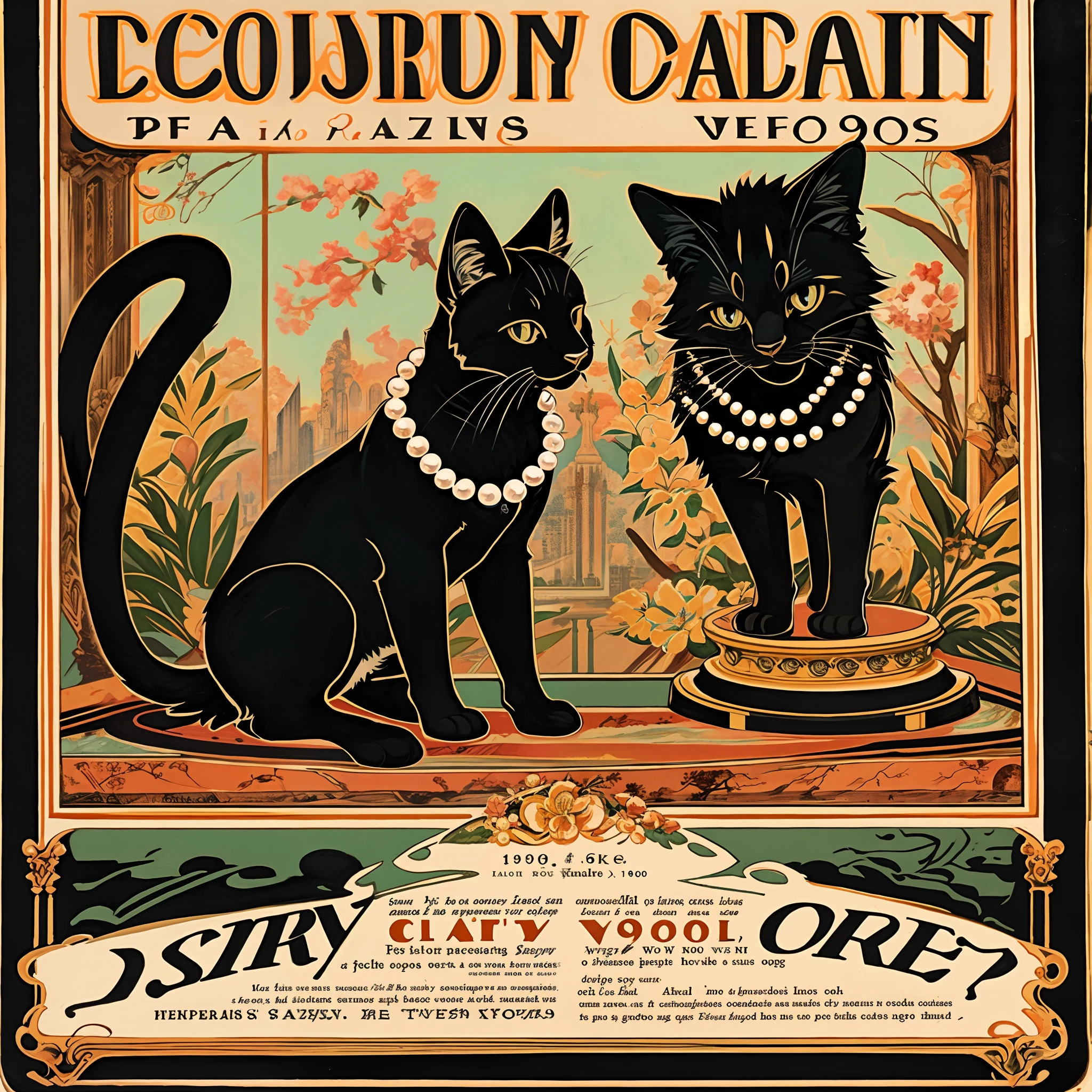 vector art, arafed black cat sitting on a pedestal with a pearl necklace, elegant cat, 1920s advert, 1960s advertisement, luxury advertisement, magazine advertisement, 1960s perfume bottle ads,