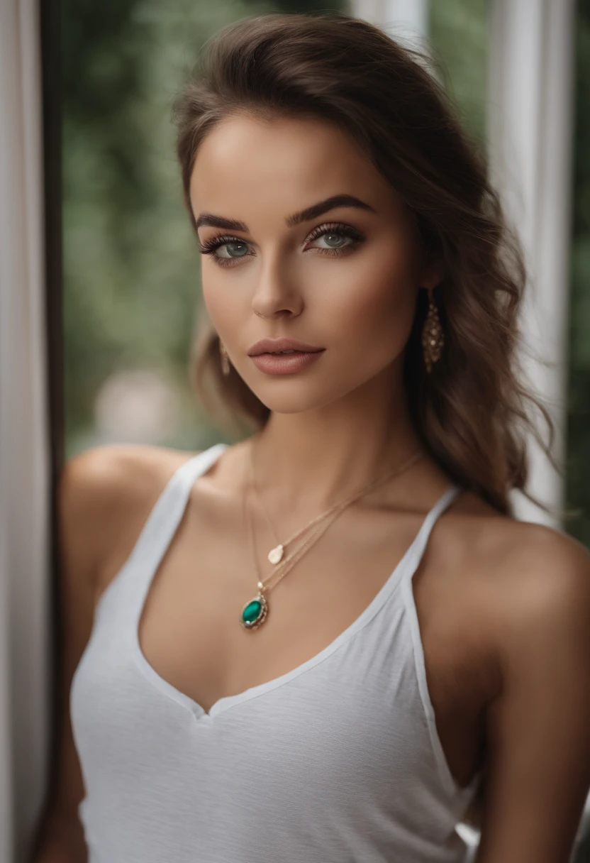 Arafed woman without clothes , curvy figure visible breasts and nipples and necklace, sexy girl with green eyes, dua lipa , brown hair and large eyes, selfie of a young woman, no makeup, natural makeup, looking straight at camera, face with artgram, fine makeup, Stunning full-length shot, Piercing green eyes, beautiful angle, attractive pose, Sweet girl, sexy pose, full length image, full - body, shooting full body, Brunette goddess, high detail, Satisfied posture, sharp looking portrait
