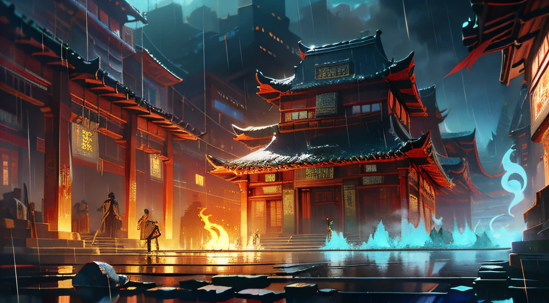 Technologically sensed city,darkly,Flashing,People come and go in the city, animation, Technology development,tmasterpiece, Better quality, Still photography, Fantasy fairy tale international prosperity ancient temple,The ancient temple complex has a large number of Confucian mortise and tenon tenons、Mortise and tenon structure,A huge bronze bell flies over the mountains,Visibility is particularly high,depth of fields, Ghost Night,it is raining,Light rainy night,The fire burst into the sky,Smoke billowed out,Telephoto lens for long-range shooting,Bucket arch mortise and tenon structure,Inverted building,unfathomed,People come and go in the city,Something big happens