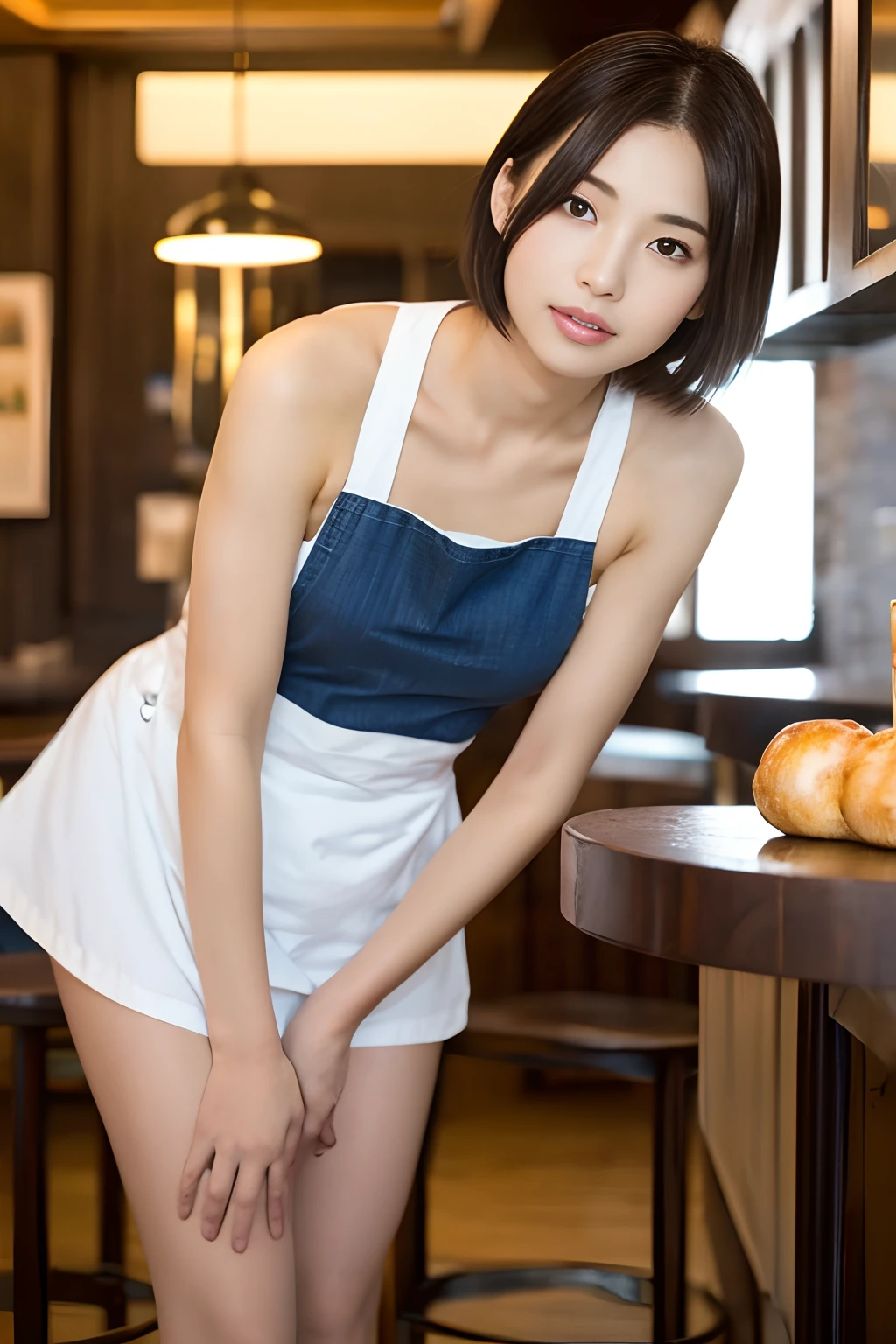 ((top quality, 8k, masterpiece: 1.3)), 1 beautiful Japan girls, beauties with slender abs: 1.3, (medium short hair, big: 1.2), (white naked apron: 1.3), ultra-detailed face, detailed eyes, double eyelids, café background, leaning forward, hands on knees,