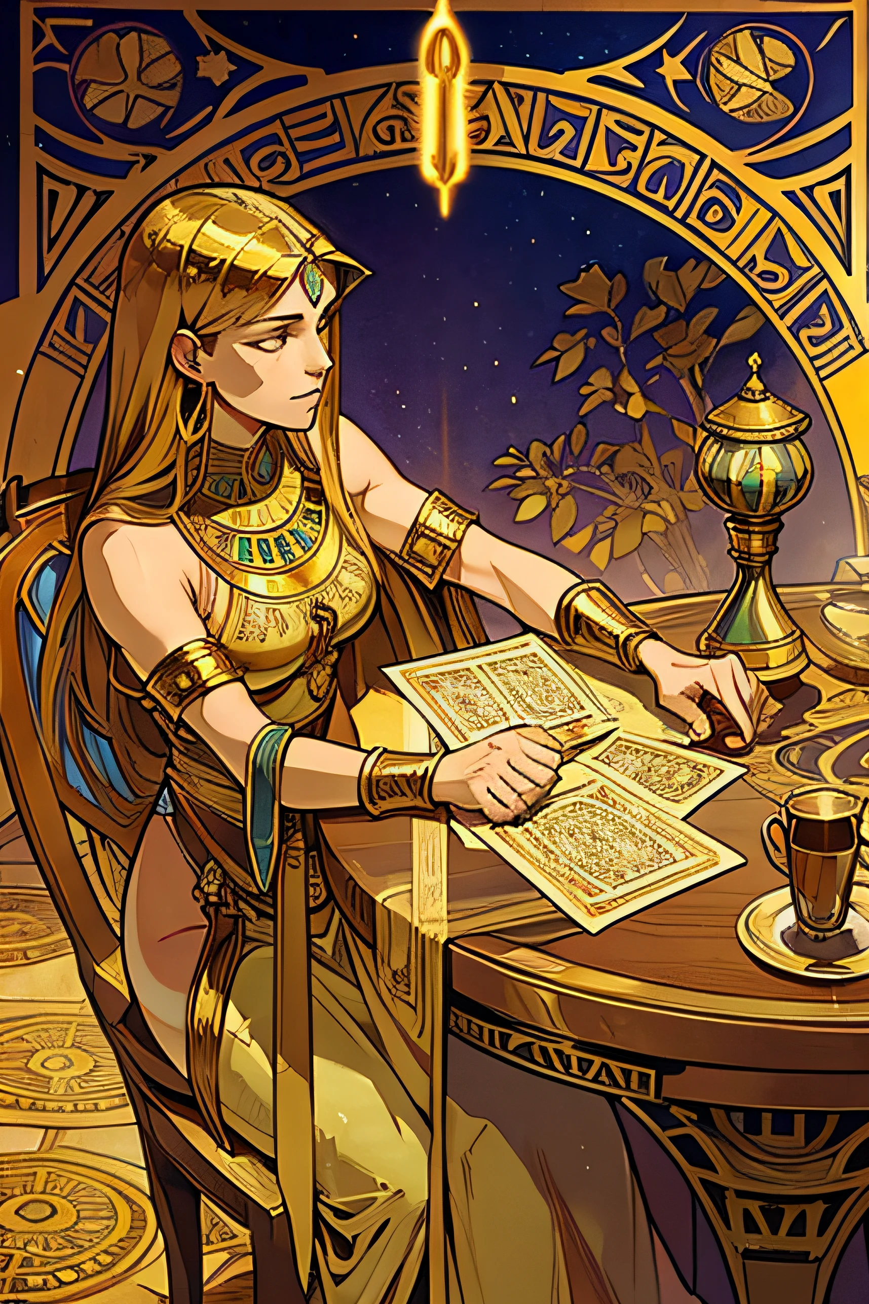 Tarot cards, Egypt, Wooden table, art, Alphonse Mucha, There is a gold cup., Gold Coins, Sceptre, The sword rests on the table., no people,