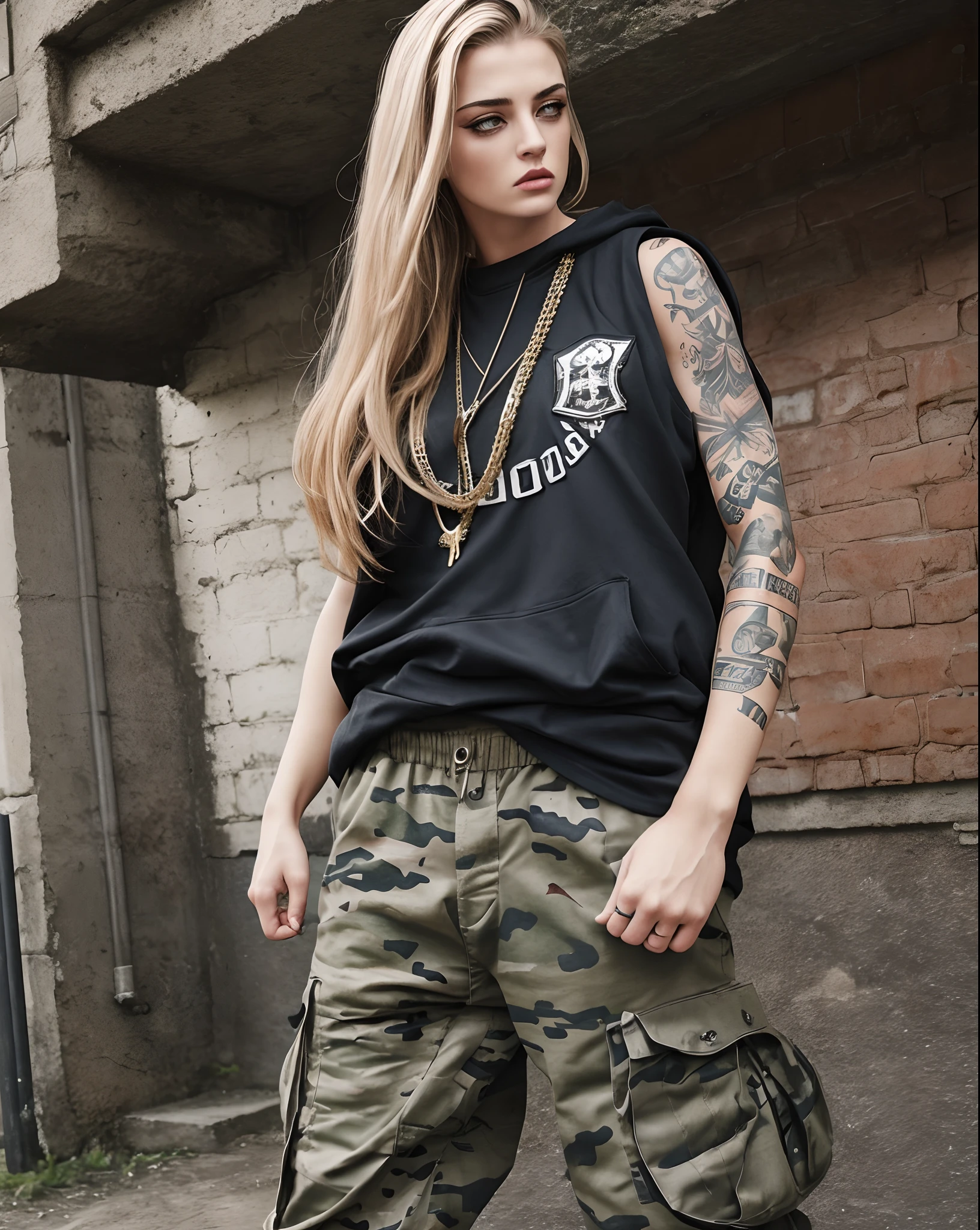cocky badass arrogant offensive attitude of superiority female chav full hip hop baggy saggy military attire