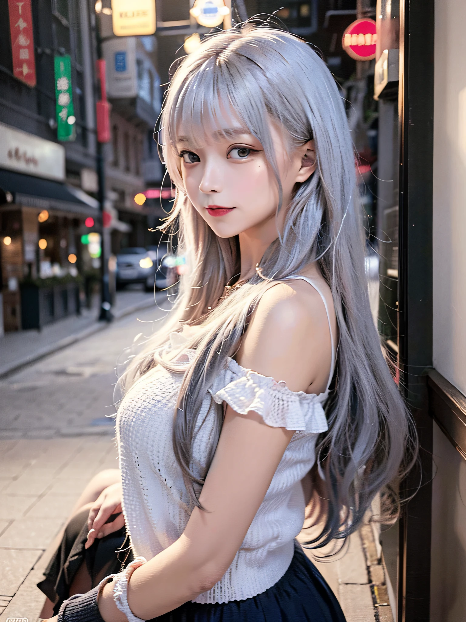(Cinematic lighting),(surrealistic), (illustratio), (hight resolution), (8k picture), (ighly detailed), (The best illustrations), (beatiful detailed eyes), (top-quality), (ultra-detailliert), (masterpiece), (wall-paper), (详细的脸), 独奏, 1girl in, Grey Straight Hair、Off-the-shoulder clothing、Colossal tits、tight miniskirt、huge smile、Blushing cheeks、bangss、Constriction of the lower back、skinny thigh、Beautiful bangs、Look at your audience、a necklace、耳Nipple Ring、Watching from above、main street、A city scape、