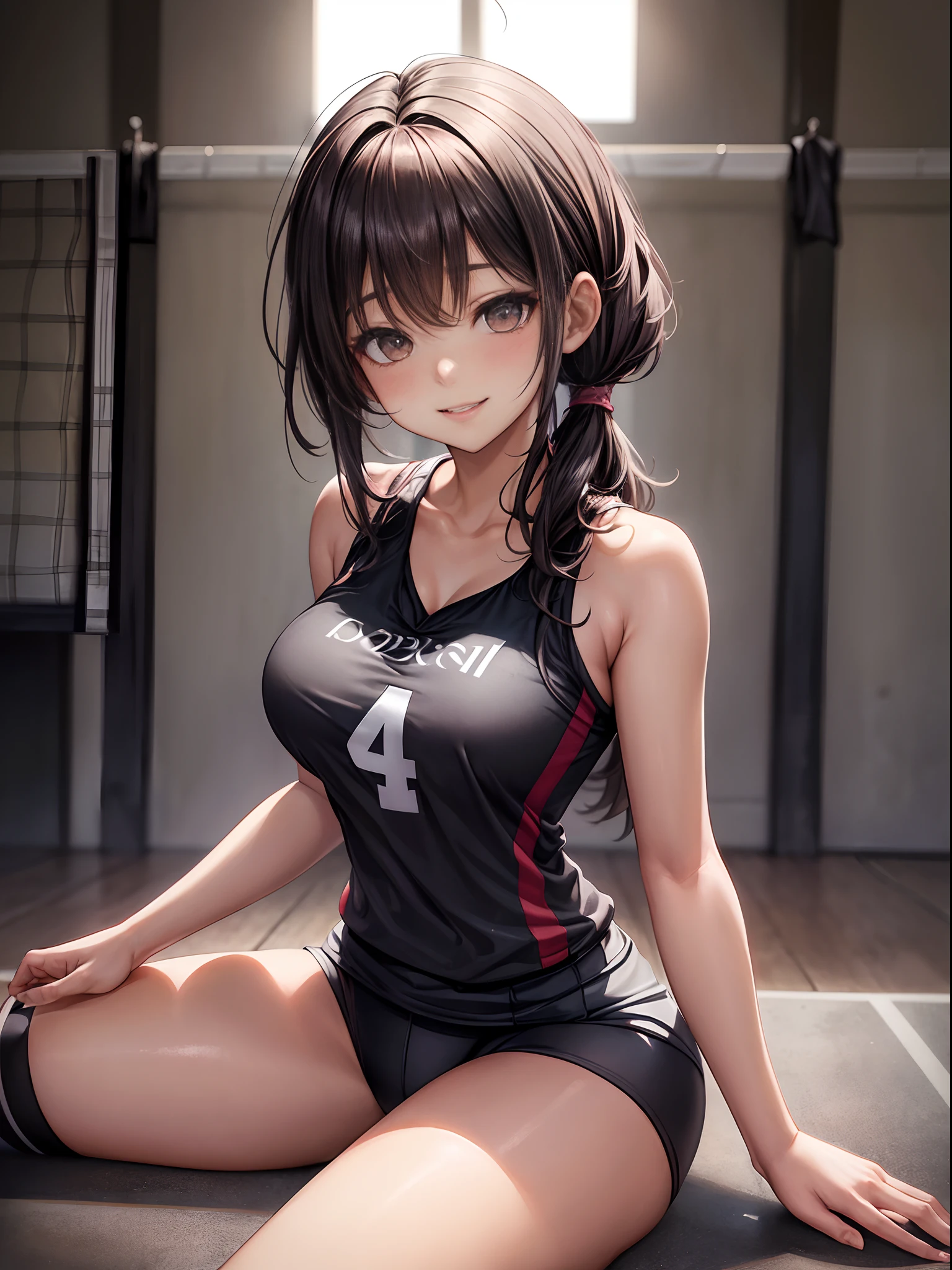 top-quality、Full limbs、complete fingers、one beautiful women、Beautiful Large Breasts、Medium hair、poneyTail、A dark-haired、(Black Volleyball Uniforms:1.3)、Black bloomers、Natural Color Lip、Bold sexy poses、Smile、20 years girl、Sexy shot looking at camera、Gymnasium、Volleyball Court、Sitting on the floor