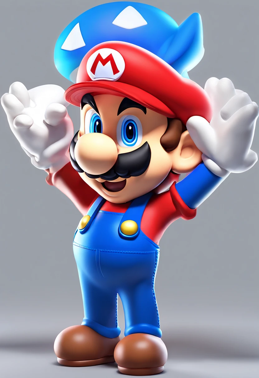 (Mario), character design, Nintendo Super Mario, (blue eyes, red hat, red suit, blue suspenders, white gloves, )super cute blind box style, chibi, full body, exaggerated expressions and actions, clean background, bright iridescent highlights, studio lighting, atmospheric lighting, with exquisite texture, high detail, high resolution, c4d, 3D, Blender, 8k, best quality, ultra high definition