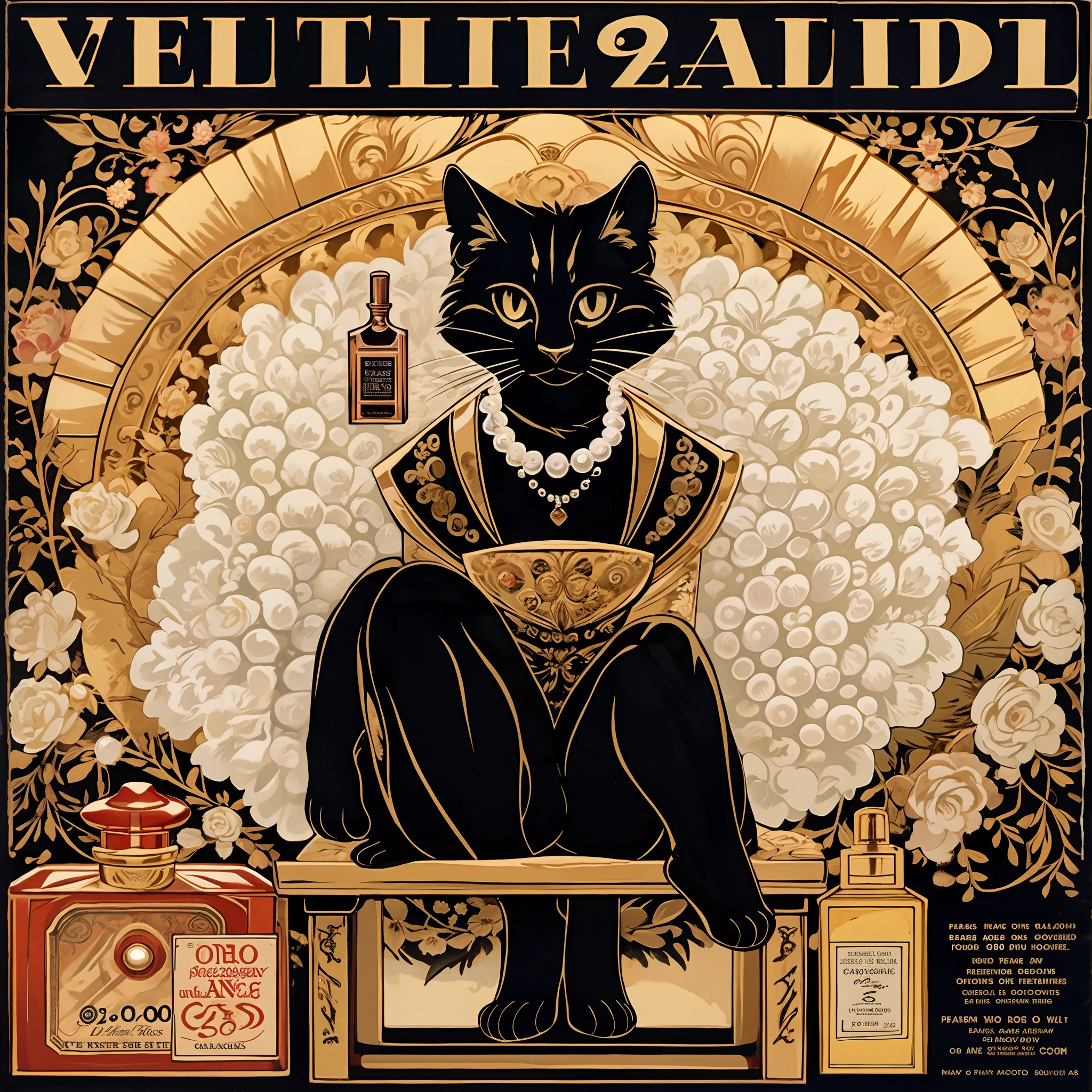 vector art, arafed black cat sitting on a pedestal with a pearl necklace, elegant cat, 1920s advert, 1960s advertisement, luxury advertisement, magazine advertisement, 1960s perfume bottle ads,