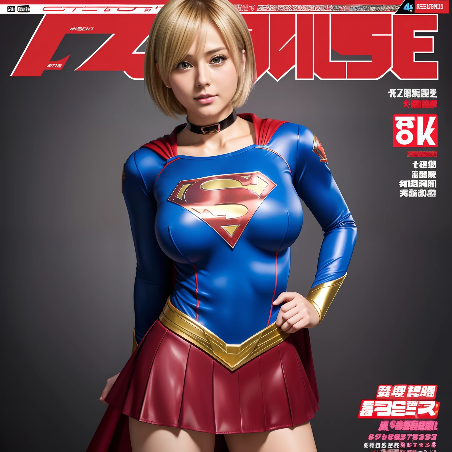 (Best Quality,4K,8K,hight resolution,masutepiece:1.2),Ultra-detailed,Realistic:1.37,Super masterpiece,Short-haired Supergirl、large full breasts、Looking at the camera、Glossy costume、a choker、Katyusha、Too short miniskirt、Magazine covers、Shonen Magazine