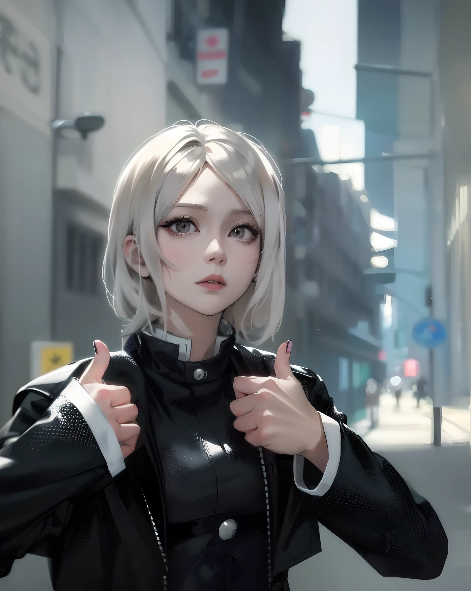 there is a woman with a black jacket and a white shirt, anime girl in real life, kugisaki nobara cosplay, anime girl cosplay, anime cosplay, as an anime character, anime, cosplayer, professional cosplay, Kugisaki Nobara, cosplay photo, in an anime style, realistic cosplay, Jujutsu Kaisen, light brown hair!!