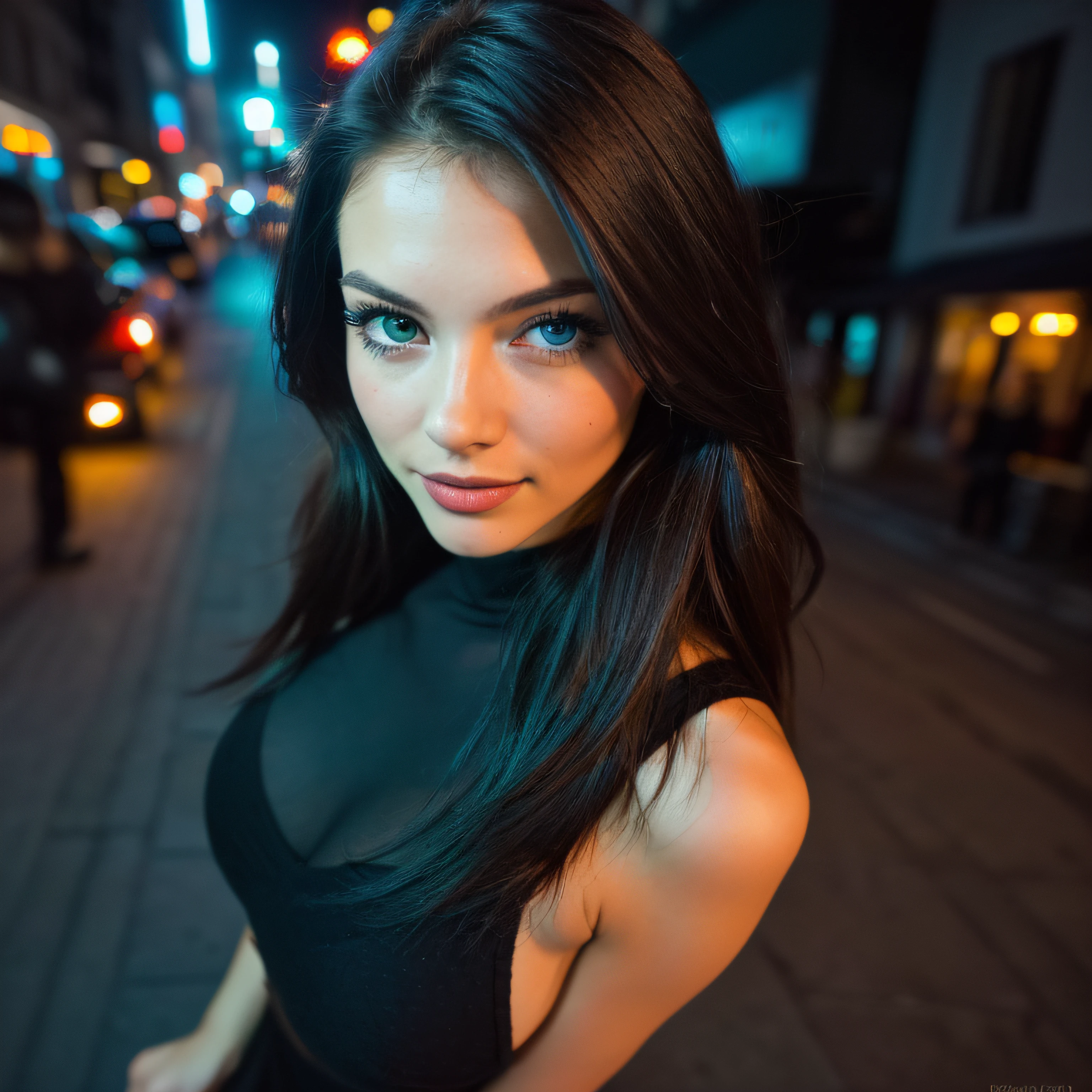 (taking selfies, overhead view: 1.4), (straight half of the torso: 1.4), Portrait photo of a 24-year-old brunette in RAW UHD format (Blue-eyed woman) Walk down the dark alley, large breasts,, night city, (upskirt), (cutout), Details (textures! , Hair! , glistering, Color!! , imperfections: 1.1), highly detailed glossy eyes (looking at the camera), DSLR Lighting, SLR camera, Ultra-Quality, sharpness, Depth of field, Film grain (Downtown), Fujifilm XT3, Crystal clear, Frame Center, beatiful face, sharp-focus, green eyes, street lamp, neon lighting, bokeh (dimly lit), night time, (night sky), detailed skin pores, oilly skin, suntan, Complex eye details, full - body, large breasts