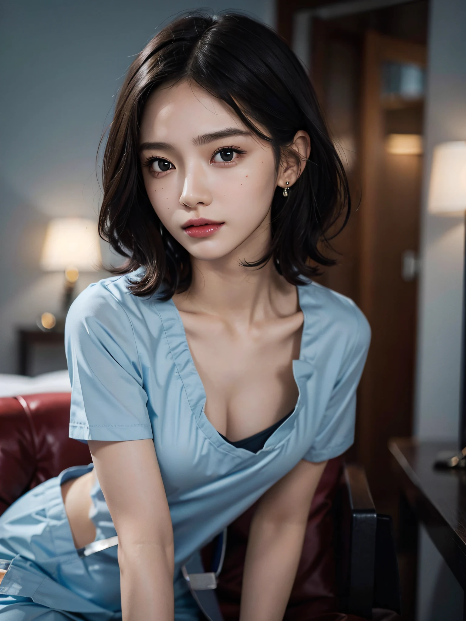 On sky, concept art, small chest, hips, look at viewer, sleeping with boy, SEDUCTIVE, shy blush face, sexual expression, 1 Indian girl, wearing sexy strapless dress, bare shoulder, chest exposed, unconcerned, NSFW, quality, contrast, dark, little chubby,