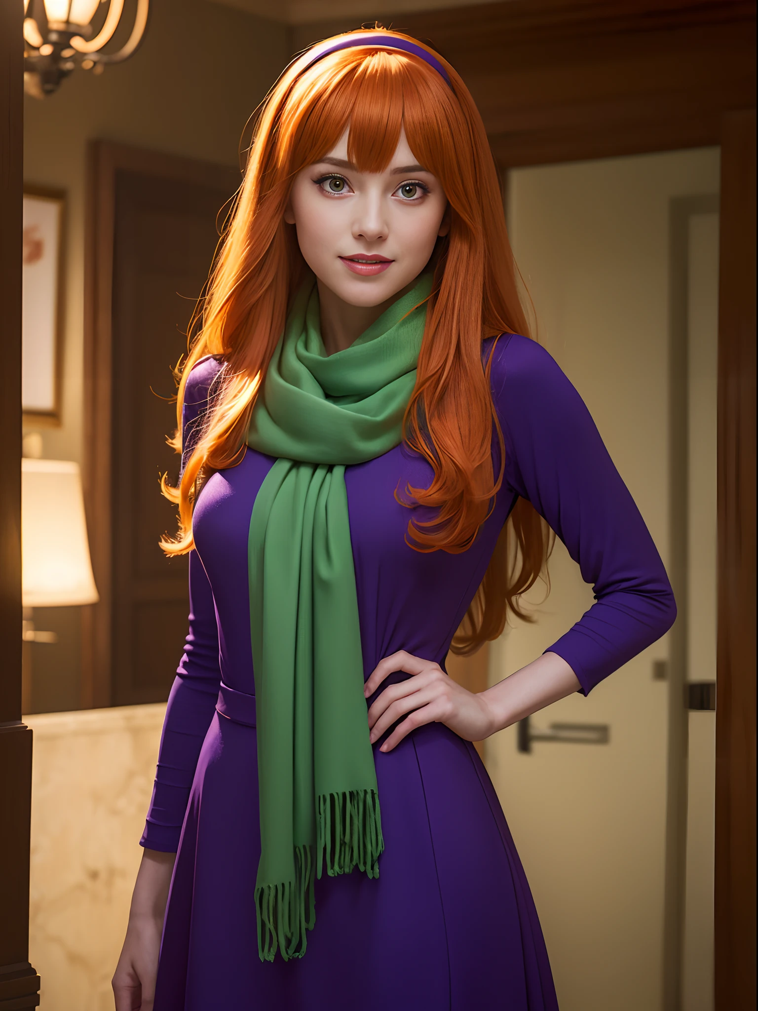 (masterpiece, best quality:1.4), (standing:1.5), (dynamic pose:1.4), (on a horror house with ghosts), daphneblake, (green) scarf, orange hair, purple dress, hairband, long sleeves,  (european youth  woman:1), looking at viewer, beautifull smile, beautiful face, highly detailed face, highly detailed eyes, subsurface scattering, realistic pupils, full face blush, full lips, detailed background, depth of field, volumetric lighting, sharp focus, absurdres, realistic proportions, (realistic, hyperrealistic:1.4), 16k hdr