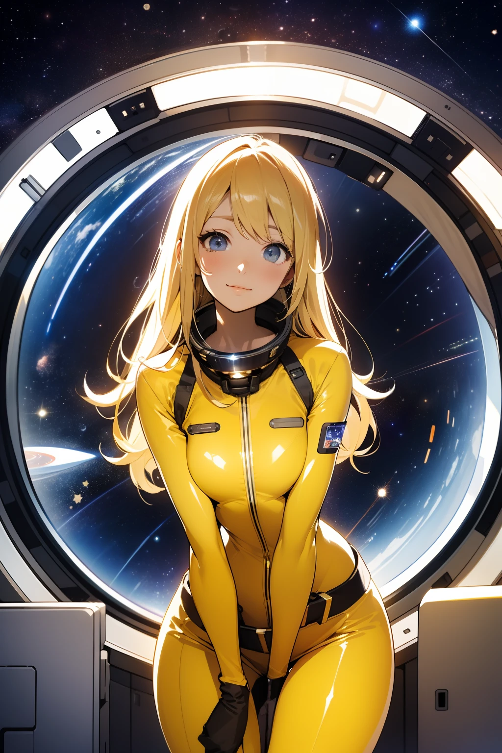 (masterpiece, best quality:1.2), (cowboy shot:1.1), solo, 1girl, mori yuki, slight smile, closed mouth, looking at viewer, blonde hair, thigh gap, yellow bodysuit, skin-tight, perfect body, belt, long blonde hair, large window, (starship porthole:1.3), from front, (spread legs:1.3), (standing:1.1), thigh gap, perfect hands, bright starship interior, (outer space view:1.1), (orbital view:1.3), (night, stary sky:1.5), milky way