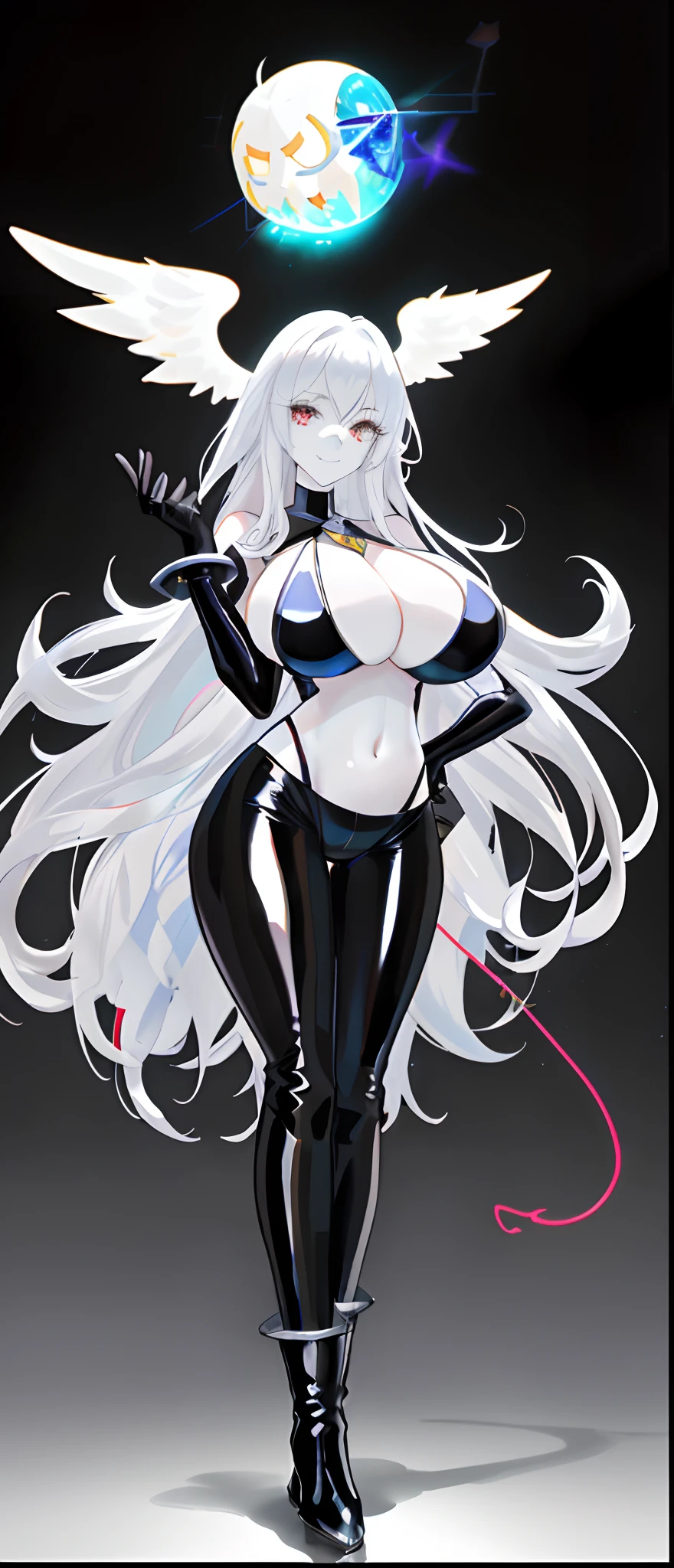 (gigantic breasts:1.2)，angelic halo,idol，White long hair，Pale skin，Latex gloves，high-heeled leather boots，stand posture，Full body like，grin face，Black slingshot swimsuit，Mink down shawl，exposing your navel，Expose the armpits，white backgrounid，simplebackground