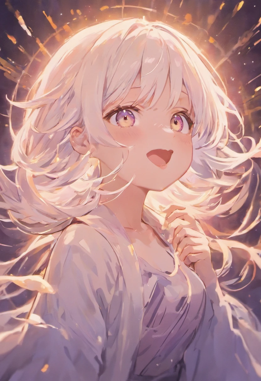 White hair, Moles under eyes, mismatched sclera, Heterochromia, Blush, Shy, Laughing, bell, Ray tracing, god light, back lit lighting, Glowing light