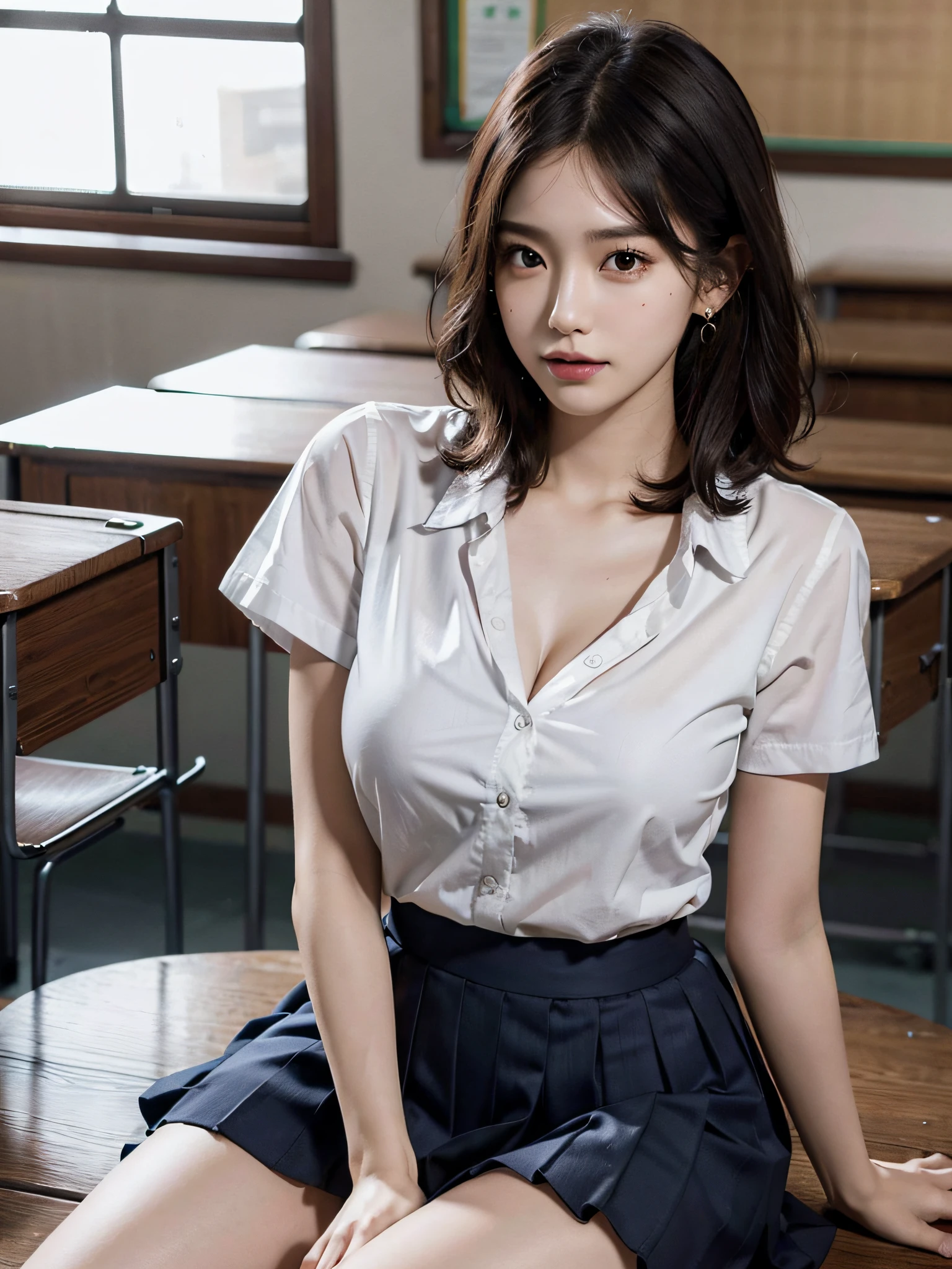 absurdres, RAW photo, extremely delicate and beautiful, masterpiece, Best Quality, ultra high resolution, 16k, hyperrealistic, ultra-detailed, perfect anatomy, super Detailed skin, perfect figure, Very detailed CG 8k wallpaper, in her 20s, very Slim body, narrow waist, very small head, very small face, delicate facial features, tearful mole, earring, thin legs, (very huge round breasts), (full body shot), bare legs, short hair, wavy hair, light brown hair, 1 girls, wet, ((school uniform)), blazer, skirt,