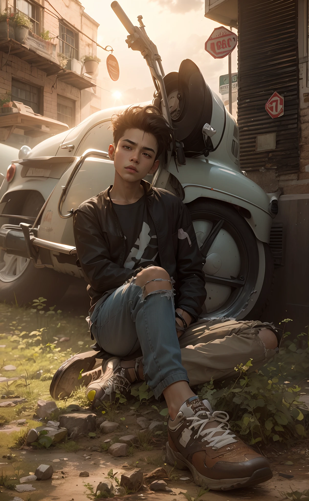 A boy with a car drink red Vine Street futuris tic background realistic 8k ultra realistic