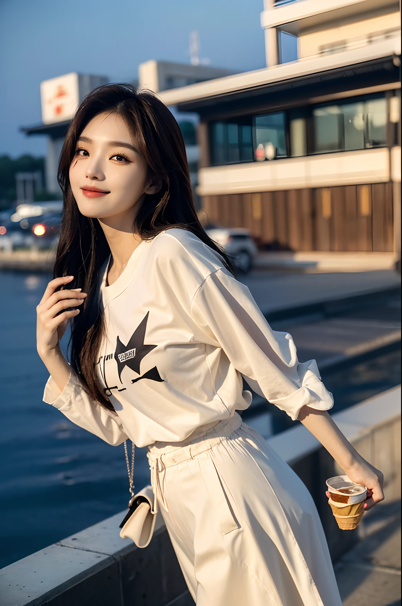 ​masterpiece、top-quality)、1 beutiful girl、Slim body、((Black and white plain clothes:1.1))、(Detailed beautiful eyes)、In the Han River、Face similar to Chaewon in Le Selefim、((Boyish Brown Medium Hair))、((Smaller face))、((Neutral face))、((Light brown eyes))、((Korean Girl))、((18year old))、((cool lady))、((A shy smile on his face))、((Korean Makeup))、((elongated and sharp eyes))、((Happy dating))、((boyish))、((She is walking in front of the viewer))、((Holding ice cream in hand))、((Looking Up))、((shot from a side angle))