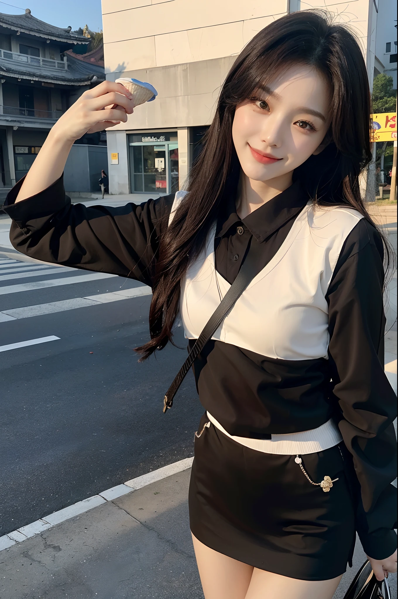masterpiece、top-quality)、1 beutiful girl、Slim body、((Black and white plain clothes:1.1))、(Detailed beautiful eyes)、In the Han River、Face similar to Chaewon in Le Selefim、((Boyish Brown Medium Hair))、((Smaller face))、((Neutral face))、((Light brown eyes))、((Korean Girl))、((18year old))、((cool lady))、((A shy smile on his face))、((Korean Makeup))、((elongated and sharp eyes))、((Happy dating))、((boyish))、((She is walking in front of the viewer))、((Holding ice cream in hand))、((Looking Up))、((shot from a side angle))