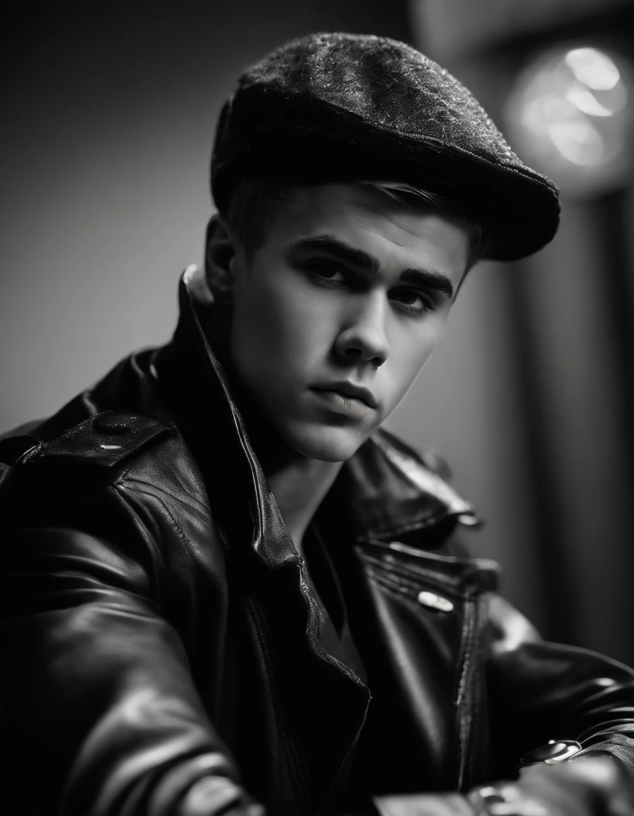 Justin Bieber vestindo uma jaqueta de couro marrom elegante, andrzej sykut, Ultra High Definition Image, punk watch, studio photography, precision (mid closeup), rosto bonito, rosto claro