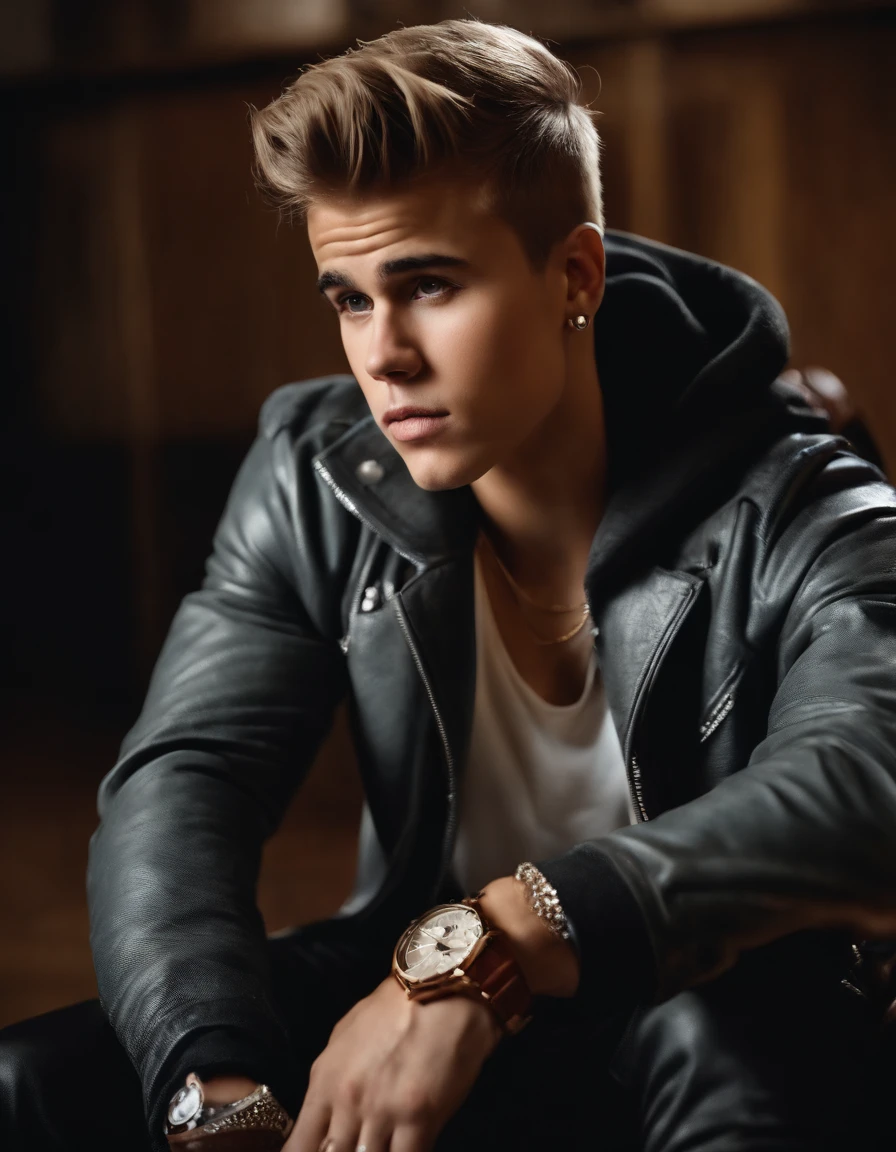 Justin Bieber vestindo uma jaqueta de couro marrom elegante, andrzej sykut, Ultra High Definition Image, punk watch, studio photography, precision (mid closeup), rosto bonito, rosto claro