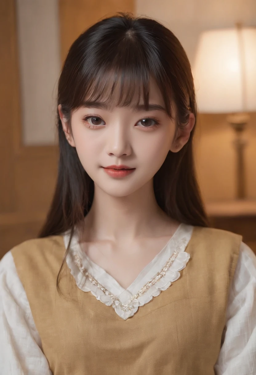 top-quality, Photorealsitic, ​masterpiece, 8K, Hi-Res, 独奏, 1girl, (((infp young woman))),、full bodyesbian、(small tits), ((Look at viewers)), (look at a camera), ((Various hairstyles close to long)）、Perfect straight black hair、((With bangs))、 (profetional lighting), Highly detailed bright face、Gentle Japan girl、lovely smile、Yellow T-shirt（long-sleeve）、Checked pleated skirt、Standing in the room