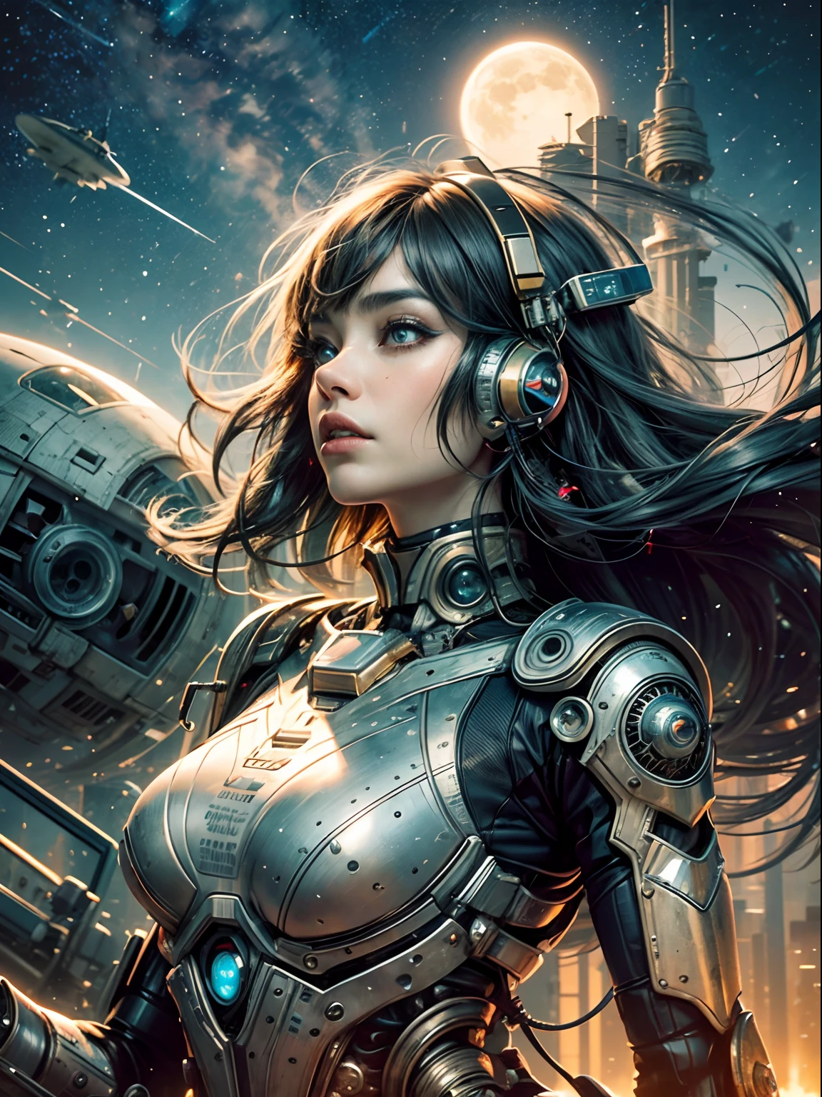 tmasterpiece,1 monk warrior girl with white tech suit clothes,White long hair,laces,abstract vintage scifi background,art by Moebius,Ashley Wood's art,dynamicposes,Wandering Earth,Cosmic Starry Sky futuristic architecture, arquitectura premiada, skyscraper architectureCity, Photographic style, rendering, Alameda de plane trees, Highly detailed dream building in the architectural styles of Oscar Niemeyer and Ernst Haeckel :: Arquiteturacore :: High contrast wide avenue in front full of trees, Realistic visuals of plane trees,attractive beautiful,dramatic contrast,Gentle lighting,Delicate warmth,the soft light,hyper HD, Extremely colorful,best qualityer,perfect female shape,HighDynamicRange,long eyelasher,Unbeatable masterpiece,Snow-whiteskin,putting makeup on,,starrysky,arbitrator,glorious,Heteropupil,Reward the sexy goddess,Large metal mechanical gears,Strange sky,8K high quality,A pair of big eyes are beautiful and moving,White skin,Makeup,Sexy outfit, 【Background with】Large gold gear,Doomsday ruins,Giant tornado,The setting sun burns the clouds,Multiple planets,The end of the world,Multiple planets,Mards,Jupiter,Lightning Thunder, Mercury,Strange sky,Giant tornado,Blue light,salama,Large flying machines,Large flying saucers,ufos,Cool car,Time Tunnel,nuclear power plant,Futuristic car,Cool headlights,Mechanical pets,space shuttle,The rocket takes off and ignites。