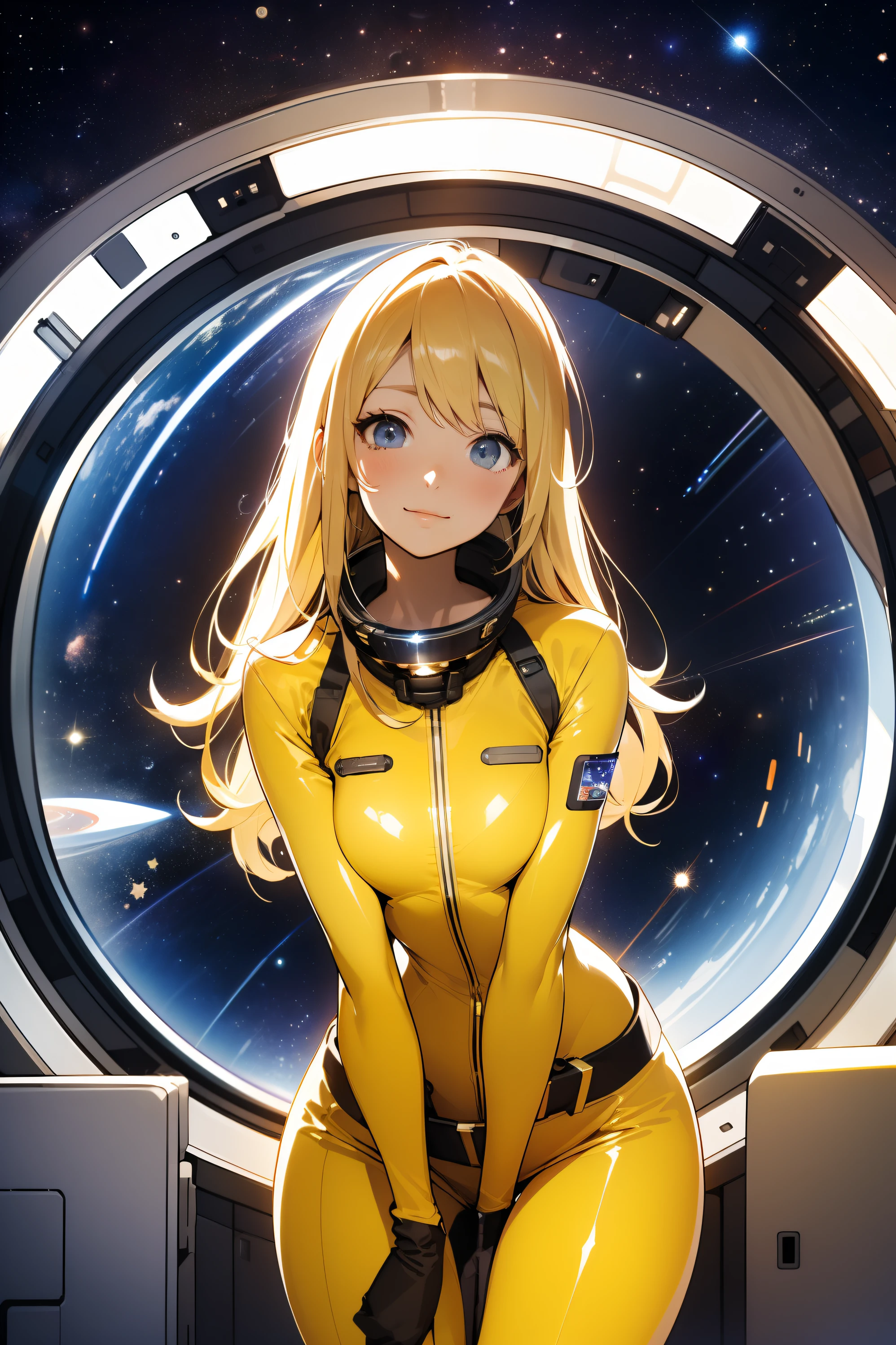 (masterpiece, best quality:1.2), (cowboy shot:1.1), solo, 1girl, mori yuki, slight smile, closed mouth, looking at viewer, blonde hair, thigh gap, yellow bodysuit, skin-tight, perfect body, belt, long blonde hair, large window, (starship porthole:1.3), from front, (spread legs:1.3), (standing:1.1), thigh gap, perfect hands, bright starship interior, (outer space view:1.1), (orbital view:1.3), (night, stary sky:1.5), milky way