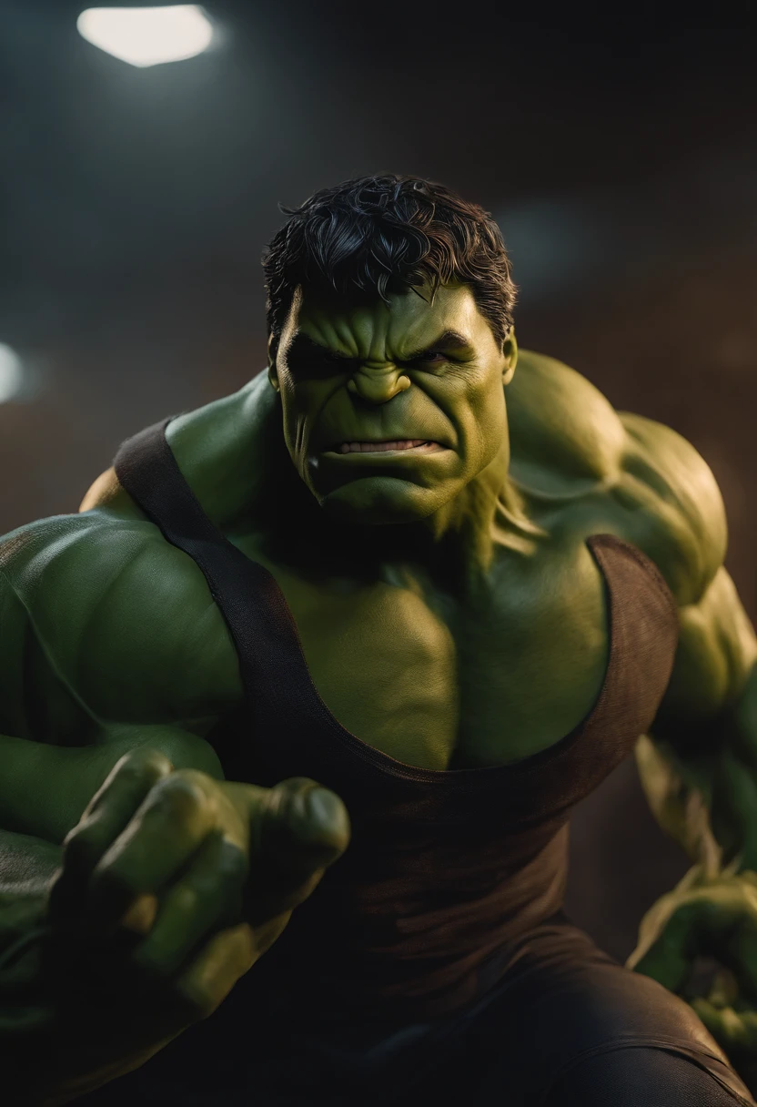 Comme Hulk， 8k，K HD |，detail on the face，detail on the face，detailed eye，Combination details，Style Marvel et DC，Ultra Photo Realsisim，+ Film objectives + compositions dynamiques，incredibly high detailed，Aiguiser，The detail +Superbly fine details+Night of Lights+perfectionnisme+Award-winning realism（（gloomy light））
