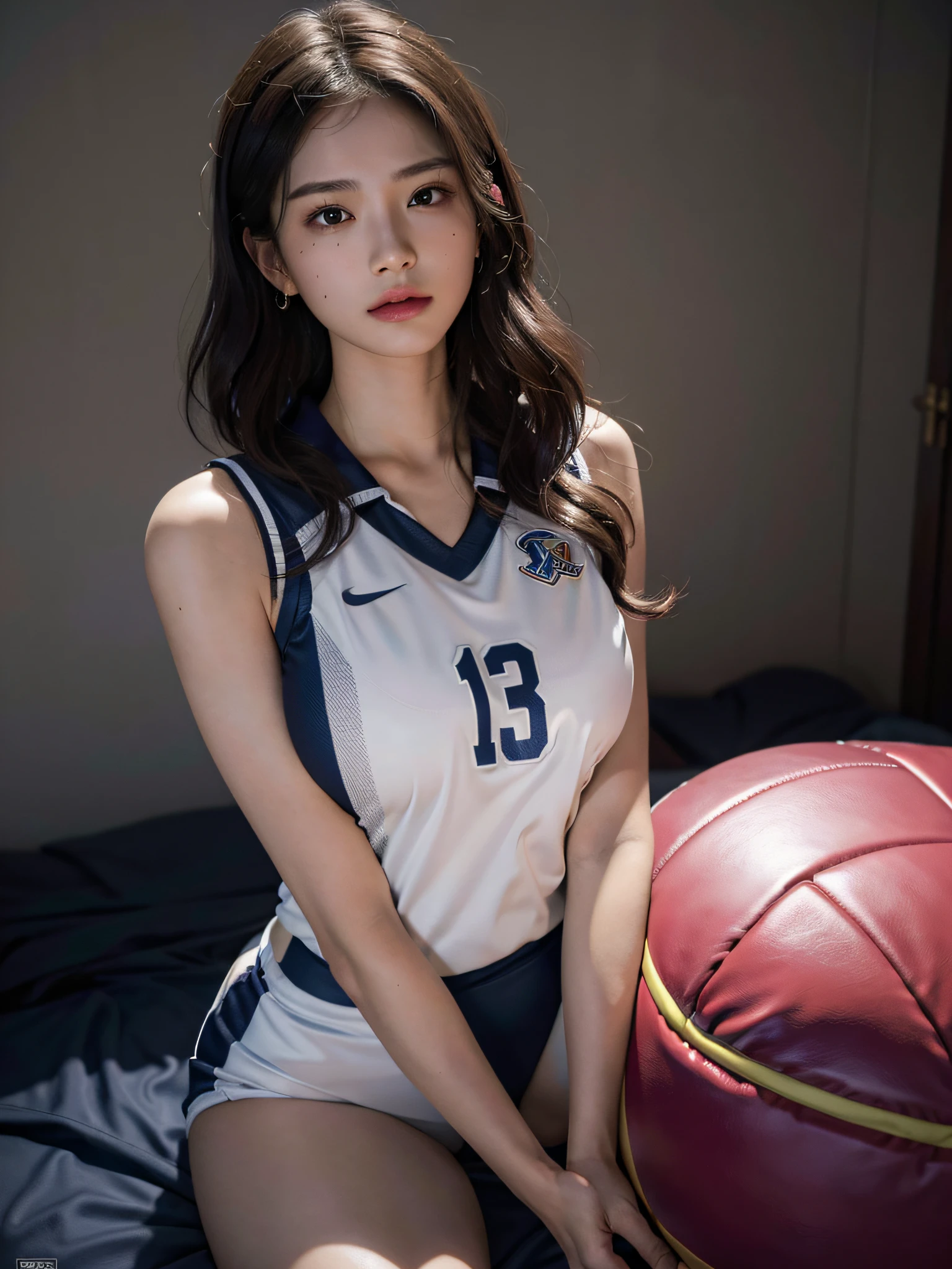 absurdres, RAW photo, extremely delicate and beautiful, masterpiece, Best Quality, ultra high resolution, 16k, hyperrealistic, ultra-detailed, Very detailed CG 8k wallpaper, Beautiful Lighting, Perfect Lightning, Realistic Shadows, perfect anatomy, super Detailed skin, perfect figure, Japanese woman, late 20s, very Slim body, narrow waist, very small head, handsome detailed woman, very detailed eyes and face, realistic face proportions, Stunning detailed eyes, Realistic beautiful face, very small face, Realistic small beautiful eyes, double eyelids, makeup, tearful mole, mole on chest, earring, bare legs, beautiful and very thin legs, beautiful and very thin thighs, (((very huge round breasts))), ((full body shot)), (short hair), wavy hair, ((volleyball uniform)), midriff peek, ((sleeveless)), (((((female masturbation))))),