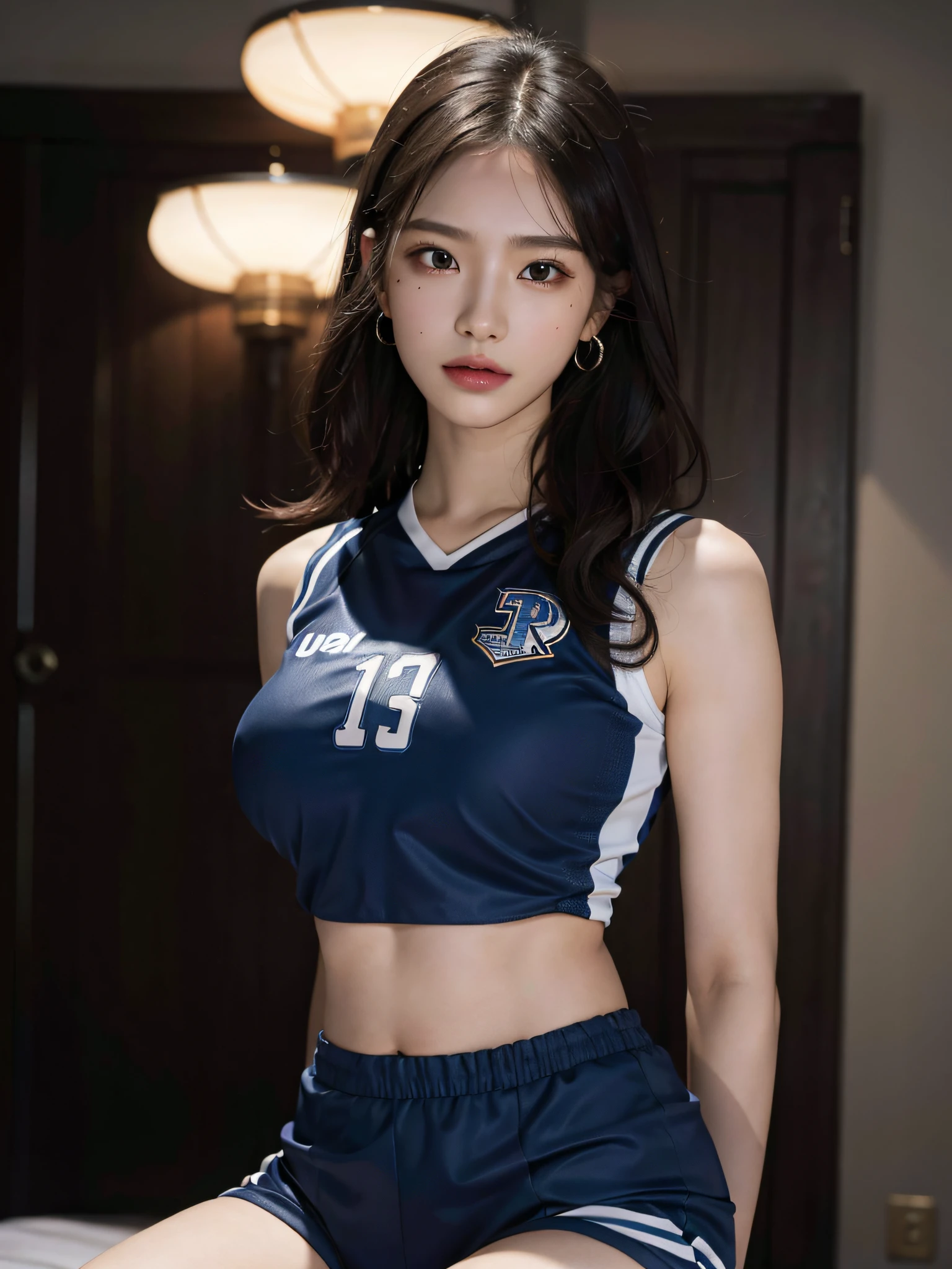 Dressed up、(Photo real:1.4)、(A hyper-realistic:1.4)、(Photorealistic:1.3)、 (gentle lighting: 1.05)、(Improve the lighting quality of your video:0.9)、32 k、 1Girl、20 years old girl、photorealistic lighting、Back lighting、Facial Lights、Ray Trace、(bright:1.2)、(Increase quality:1.4)、 (best quality real texture skin)、Fair eyes,Delicate and delicate face、 (tired and sleepy and satisfied : 0.0), Close-up of the face, basketball uniform : 1.3, (Bodyline mood improvement:1.1)、Glossy skin、pornstar、韓国アイドル、乃木坂アイドル、Sculptural Idol Pose、Beautiful actress、Neat woman、s whole body, and spread the legs apart, Big breasts, big thighs,