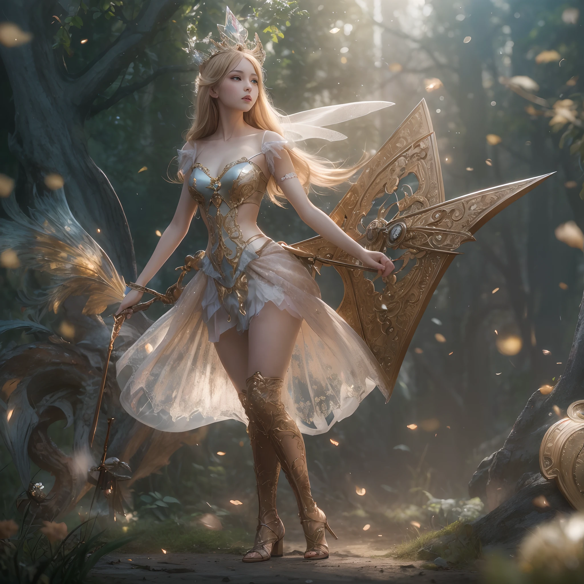 (((nffsw))), (((masutepiece))), (((8K))), (((hight resolution))), (((surrealism))), (((Cinematic lighting))), god rays, Zoom Layer, (((FULL BODYSHOT))), F/4.0, canon, Shiny skin,Detailed skin,Detailed face, Detailed eyes, Goddess of fairy tales, Sharp eye light, see-through fairy tale dresses , Sparkling tiara, Ride a giant fairy tale, Feet exposed, Fairy tale shield, Fairy tale sword