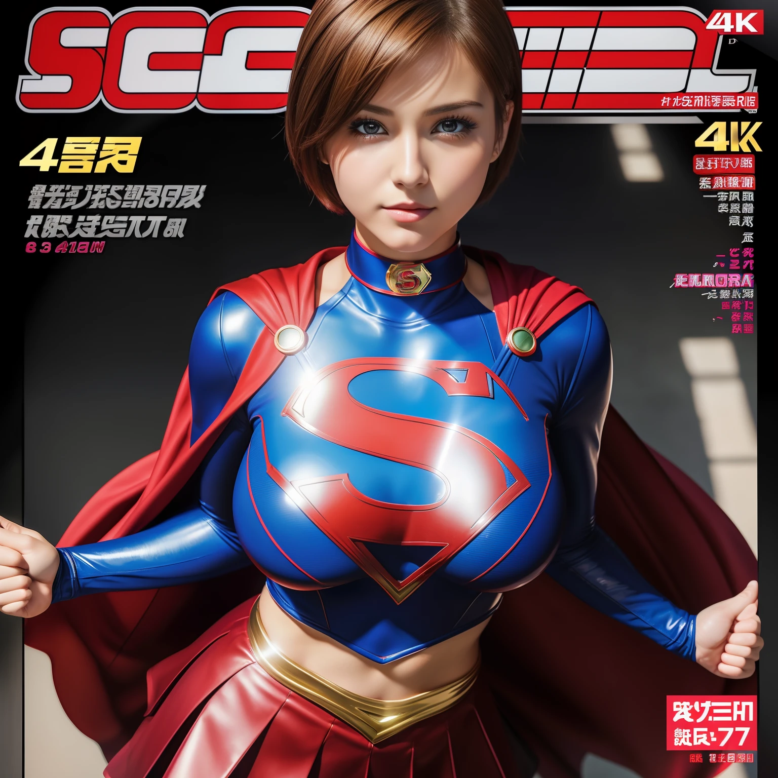 (Best Quality,4K,8K,hight resolution,masutepiece:1.2),Ultra-detailed,Realistic:1.37,Super masterpiece,Short-haired Supergirl、large full breasts、Looking at the camera、Glossy costume、a choker、Too short miniskirt、Magazine covers、Weekly Shonen Jump、Seated Pose