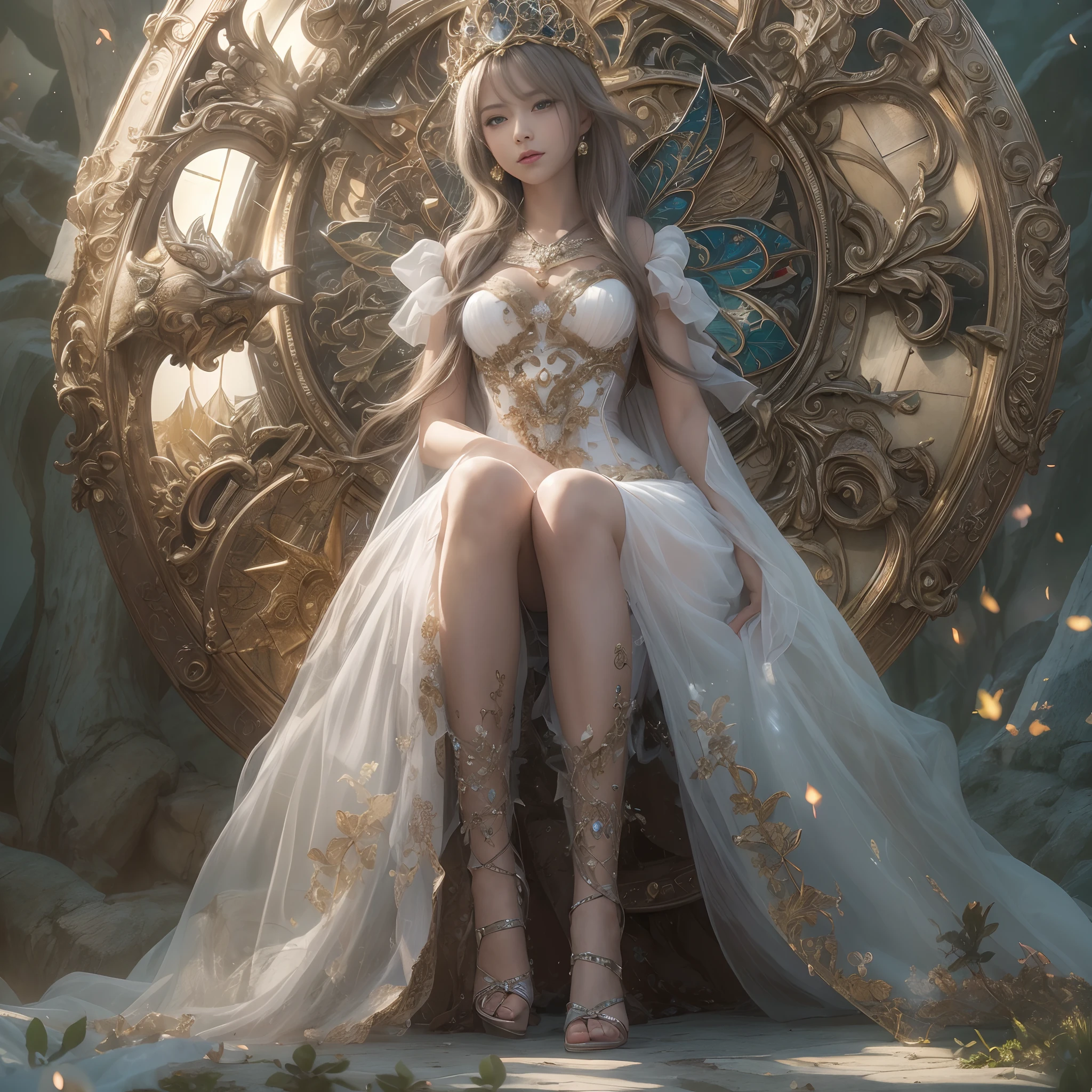 (((nffsw))), (((masutepiece))), (((8K))), (((hight resolution))), (((surrealism))), (((Cinematic lighting))), god rays, Zoom Layer, (((FULL BODYSHOT))), F/4.0, canon, Shiny skin,Detailed skin,Detailed face, Detailed eyes, Goddess of fairy tales, Sharp eye light, see-through fairy tale dresses , Sparkling tiara, Ride a giant fairy tale, Feet exposed, Fairy tale shield, Fairy tale sword
