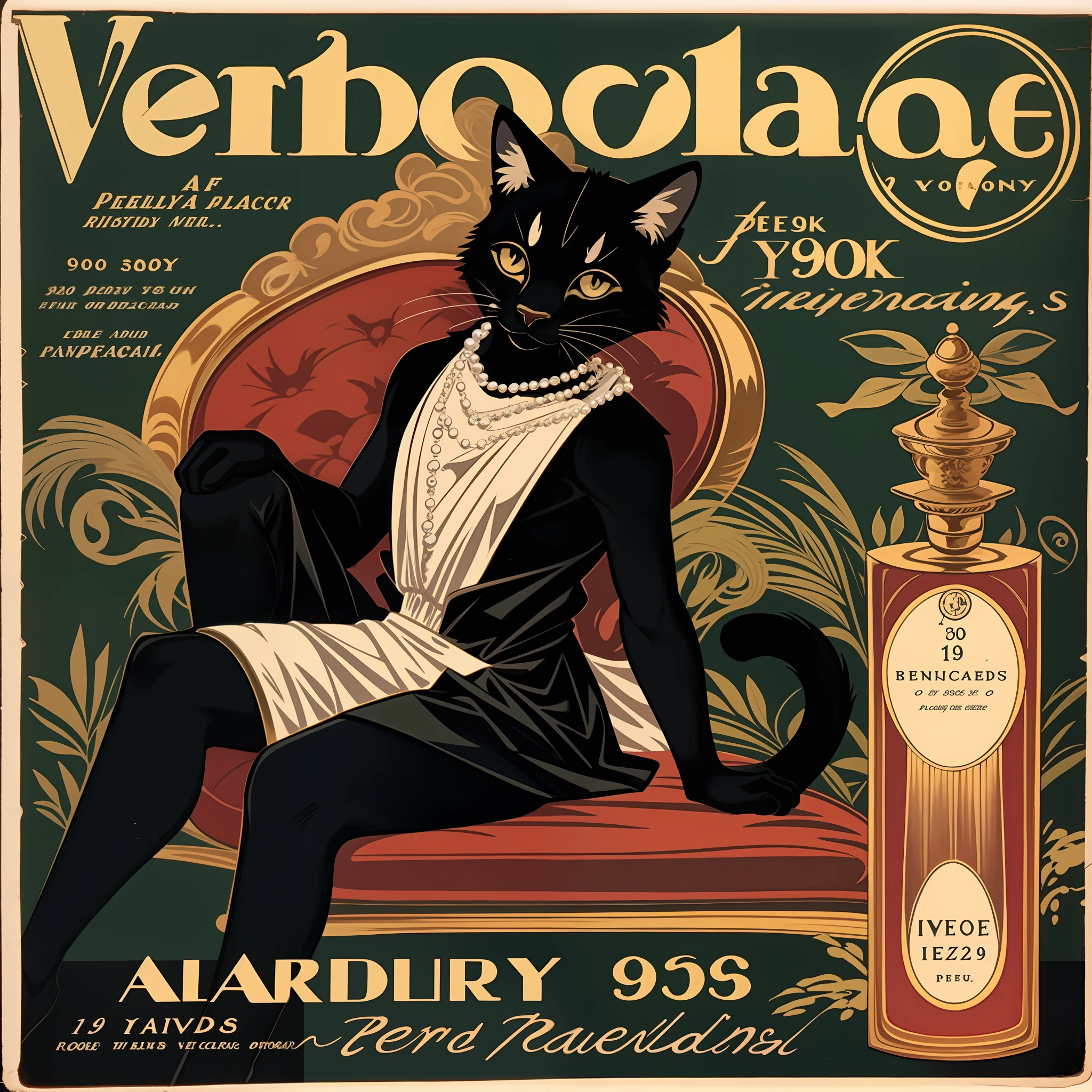 vector art, arafed black cat sitting on a pedestal with a pearl necklace, elegant cat, 1920s advert, 1960s advertisement, luxury advertisement, magazine advertisement, 1960s perfume bottle ads,