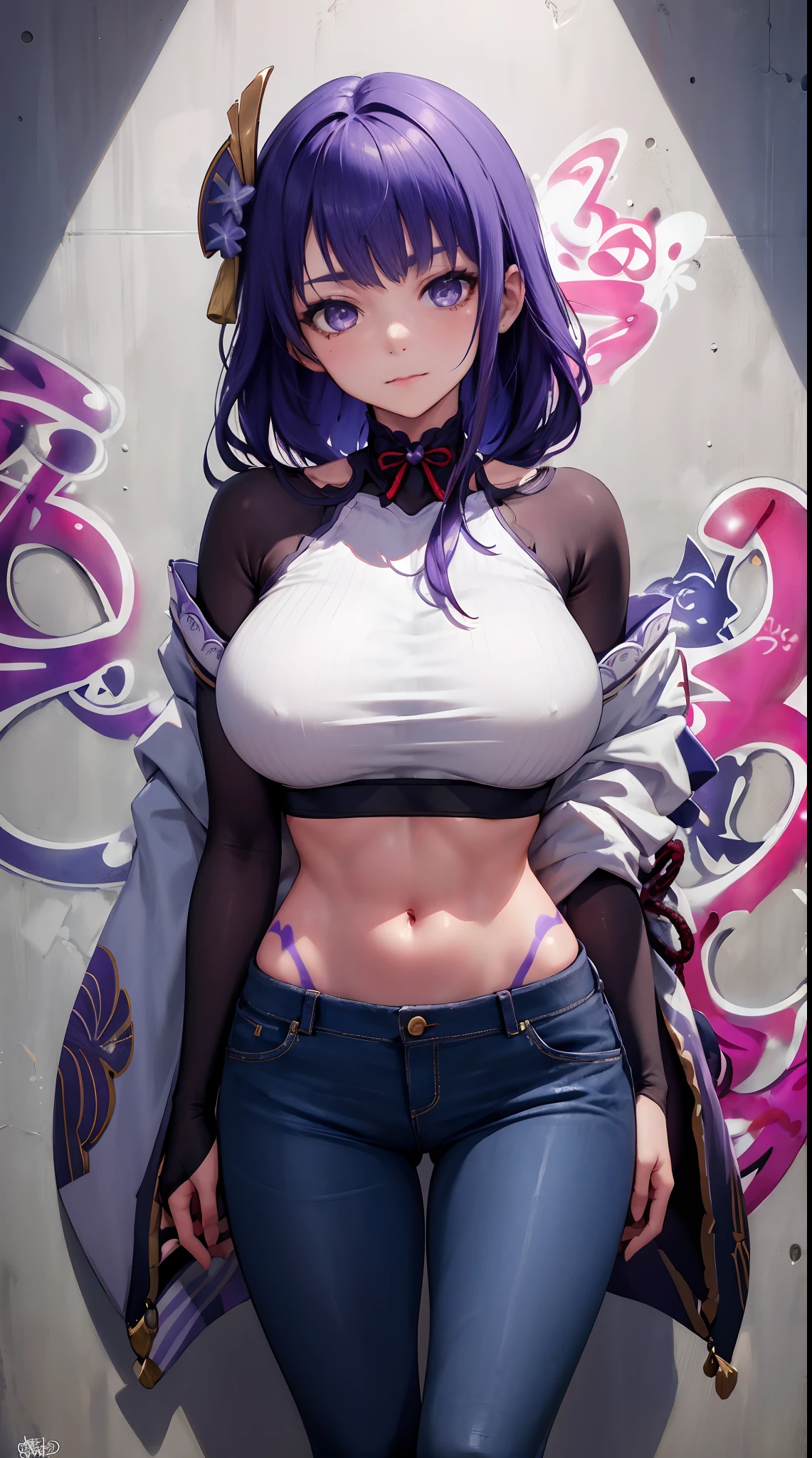 Shogun Raiden|genshin impact, master-piece, bestquality, 1girls,25 years old, proportional body, elongated legs, Beautiful, proportional., crop top, Long Jeans, mediuml breasts, ,bara, crop top, choker, (Graffiti:1.5), Splash with purple lightning pattern., arm behind back, against wall, View viewers from the front., Thigh strap, Head tilt, bored,