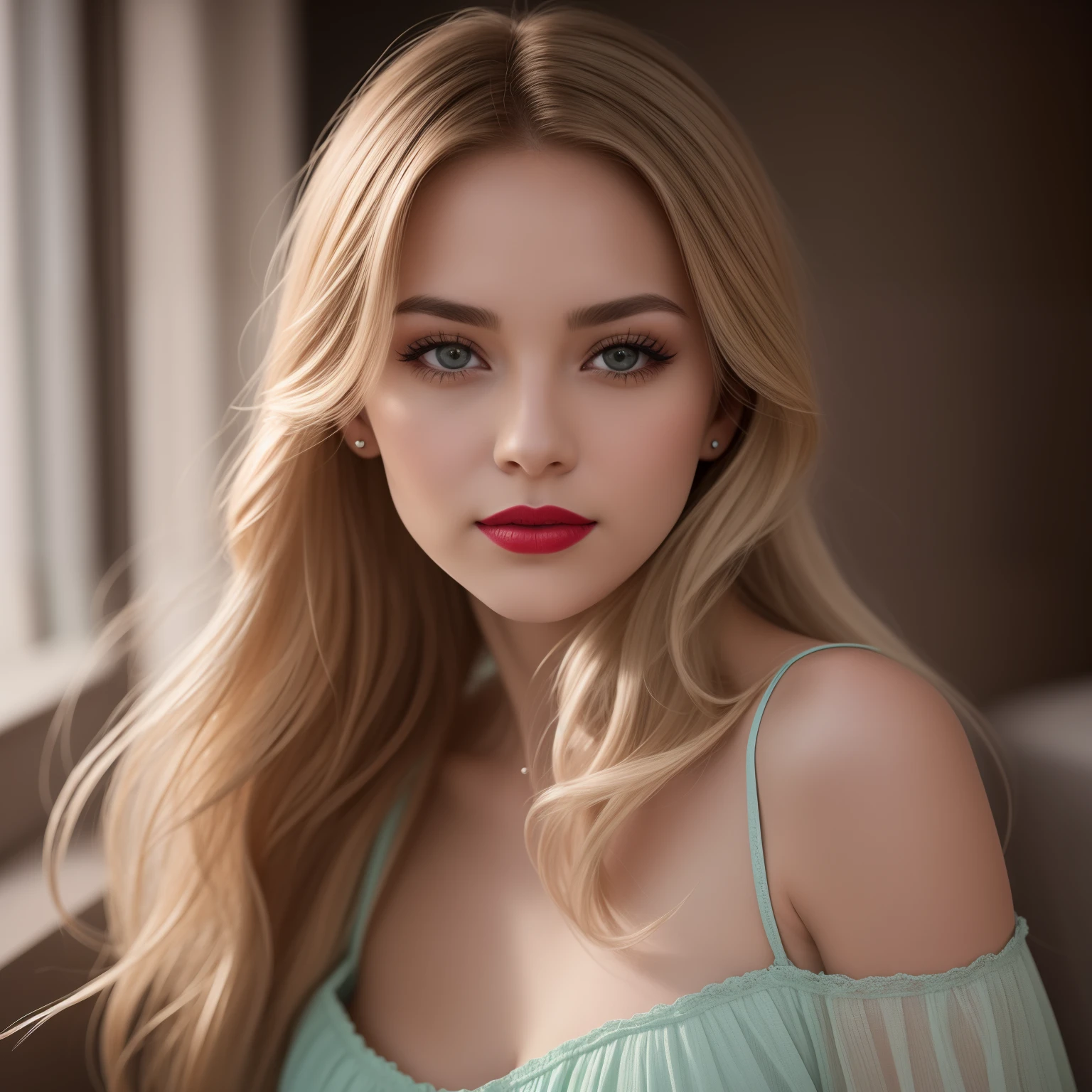 Une jeune et belle femme, blonde hair that gently falls in waves up to the shoulders, Taille moyenne, grands yeux verts, Peaux claires, Elle est en pyjama, Elle est dans son lit, Faire des soins capillaires avant de se coucher, The environment is illuminated by warm and pleasant colored lights that make your hair shine, Son visage est naturellement serein, lips with red lipstick, Texture 8K, highly detailed, Realstic, soft cinematic light, Hdr, Mise au point nette, tmasterpiece, FotorRealstic, award-winning photograph, Canon EOS R5, 35 mm