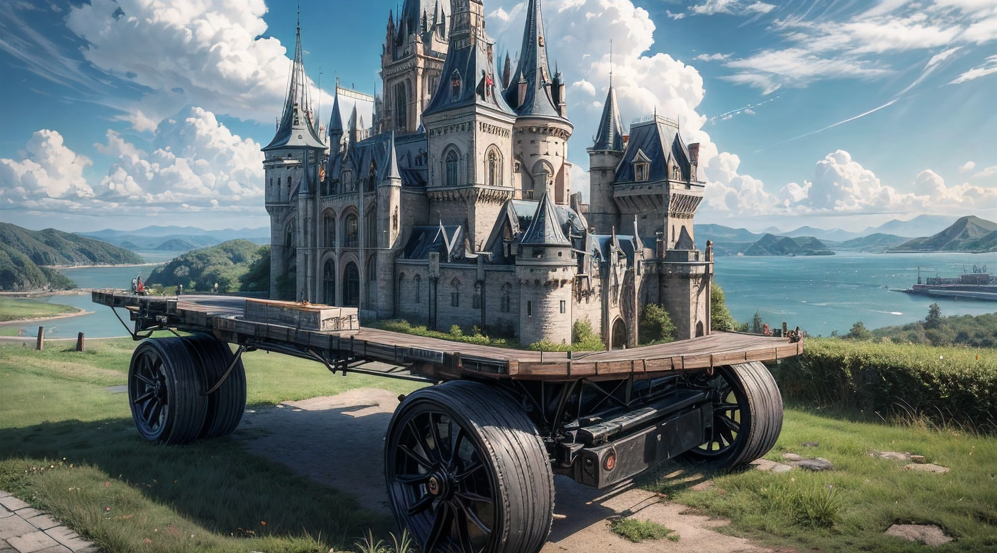 a long shot picture of a steampunk castle moving on (wheeled motorized platform:1.3) rolling hills, s steampunk castle with (turrets: 1.1), (towers:1.1), (bridges:1.2), (barbican:1.1), canons on the walls, a blimp flying by, green rolling hills background, wheeled platform, (castle on the platform:1.3) huge epic platform with many wheels carrying the castle, Photorealistic, 16k, RAW, award winning, [ultra detailed], masterpiece, best quality, (ultra detailed), full body, ultra wide shot,