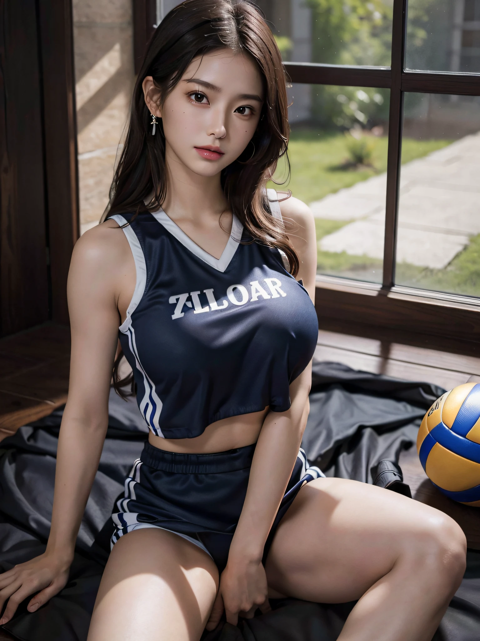 absurdres, RAW photo, extremely delicate and beautiful, masterpiece, Best Quality, ultra high resolution, 16k, hyperrealistic, ultra-detailed, Very detailed CG 8k wallpaper, Beautiful Lighting, Perfect Lightning, Realistic Shadows, perfect anatomy, super Detailed skin, perfect figure, Japanese woman, late 20s, very Slim body, narrow waist, very small head, handsome detailed woman, very detailed eyes and face, realistic face proportions, Stunning detailed eyes, Realistic beautiful face, very small face, Realistic small beautiful eyes, double eyelids, makeup, tearful mole, mole on chest, earring, bare legs, beautiful and very thin legs, beautiful and very thin thighs, (((very huge round breasts))), ((full body shot)), (short hair), wavy hair, ((volleyball uniform)), midriff peek, ((sleeveless)), (((((female masturbation))))), ((breast grab)),