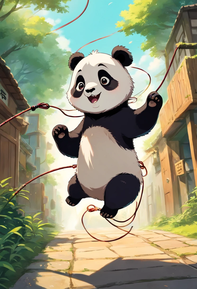 Cute little panda playing jump rope