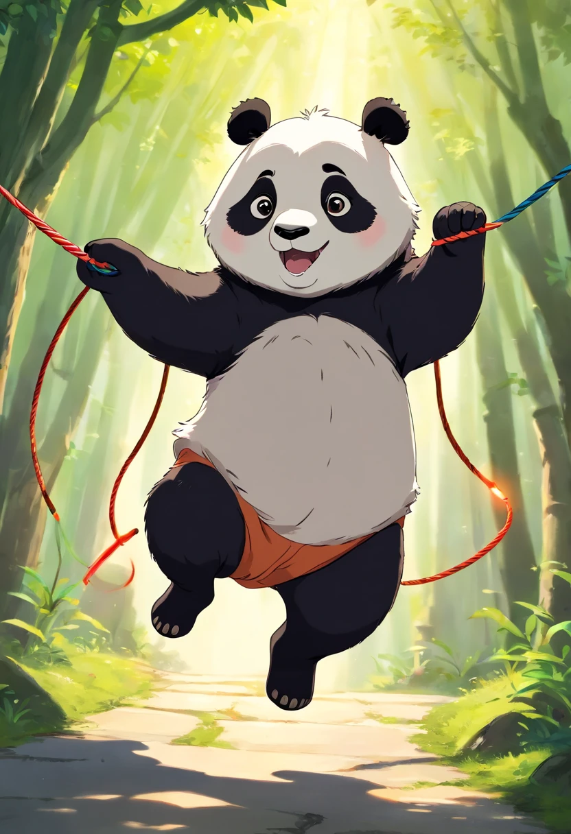 Cute little panda playing jump rope