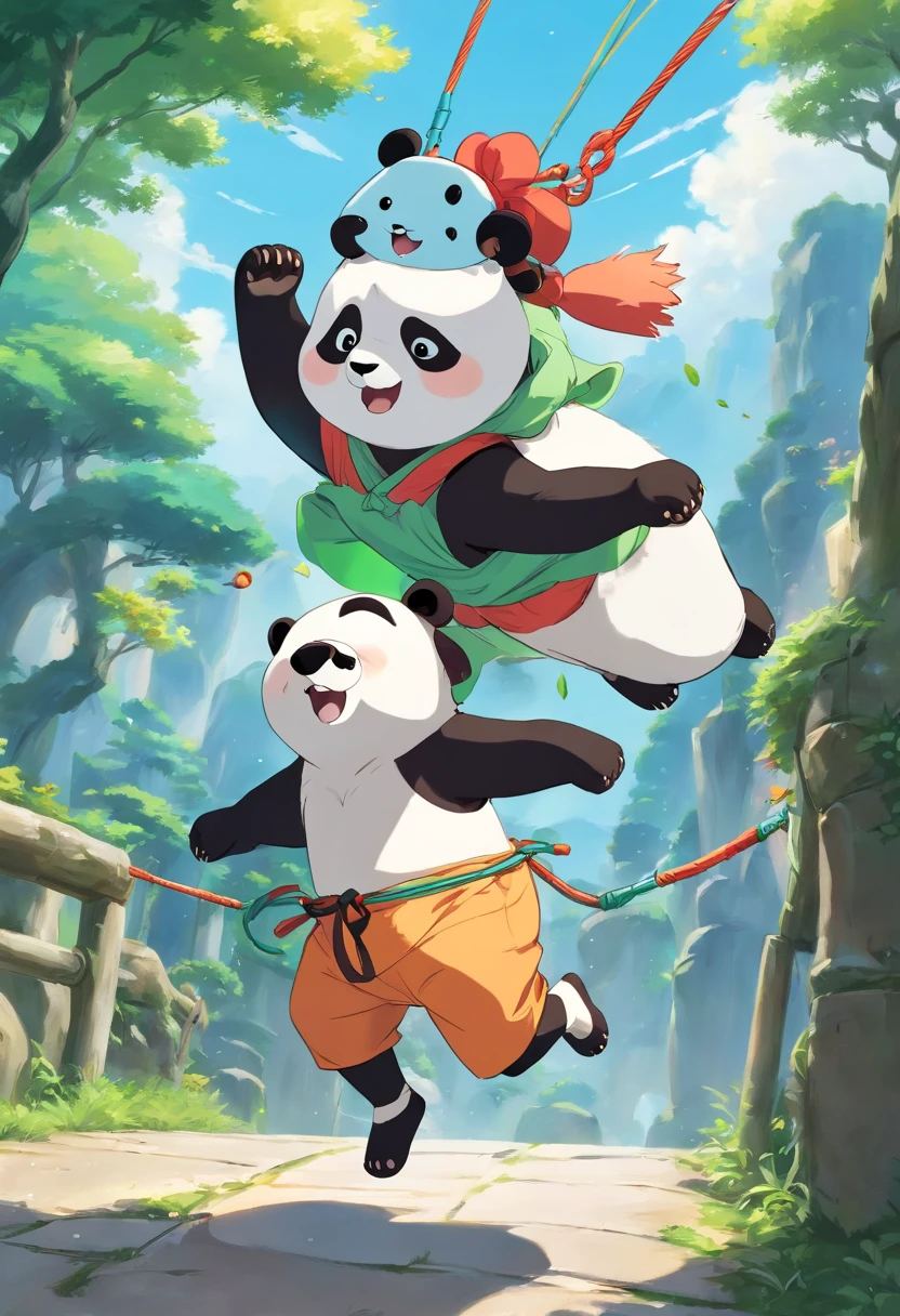 Cute little panda playing jump rope