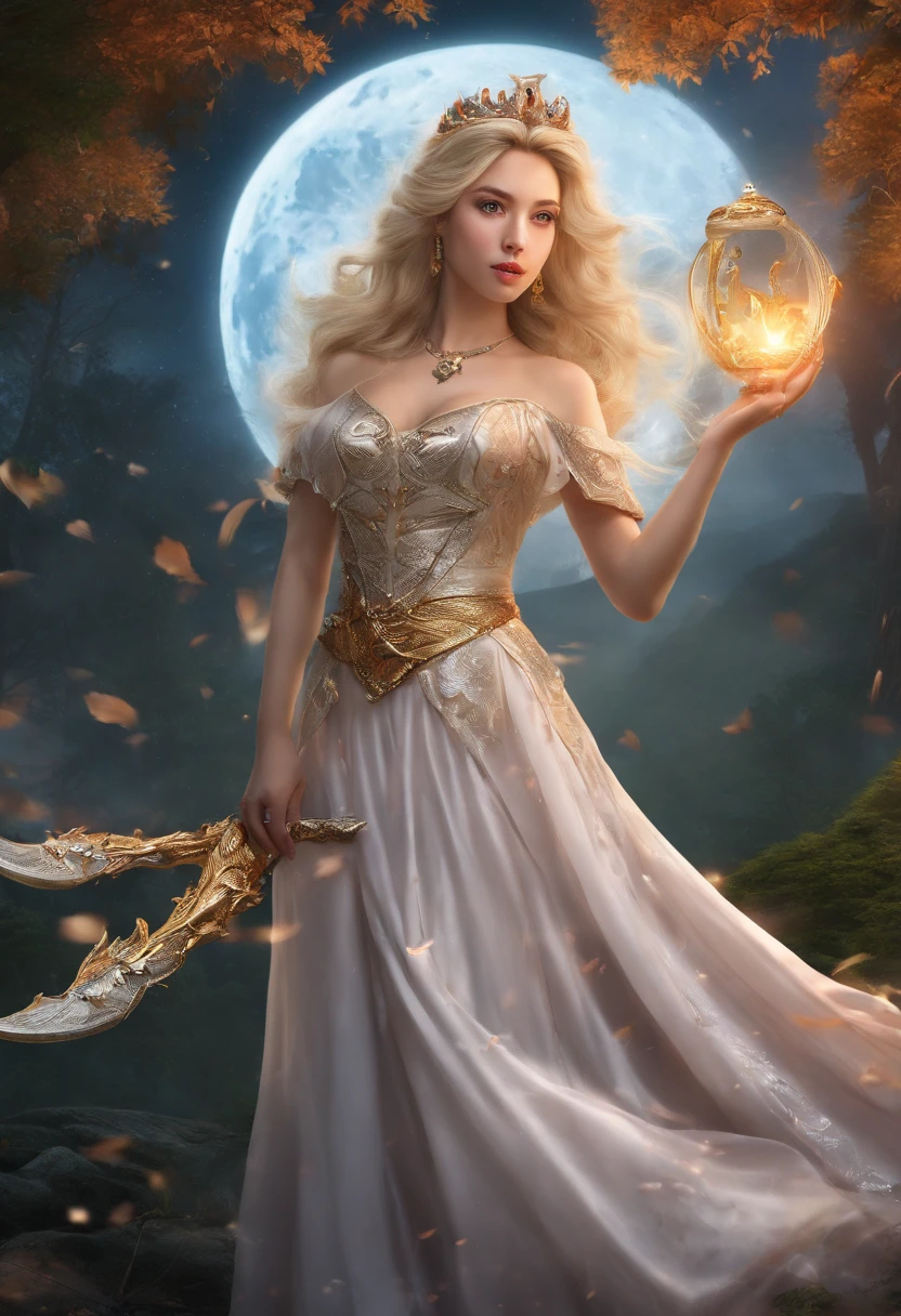 (princess),(blonde hair),(wearing a long dress),(holding a magic wand),(background: forest),(background: moon),(Chinese dragon),(one),(five-clawed),(golden dragon),(two wings),(princess riding a dragon),(best quality),(4k),(highres),(ultra-detailed),(realistic),(photorealistic),(vivid colors),(bokeh),(portrait),(fantasy art),(night scene),(ethereal lighting),(mysterious atmosphere)