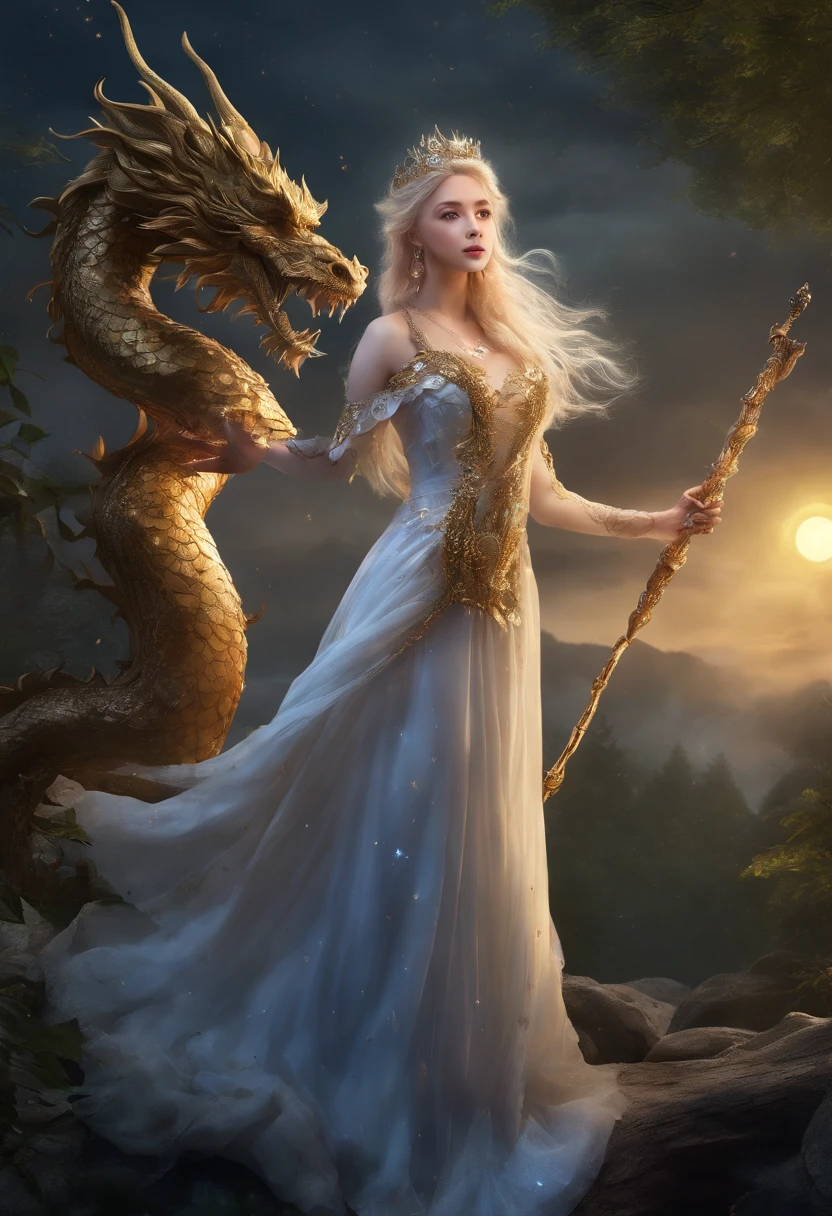 (princess),(blonde hair),(wearing a long dress),(holding a magic wand),(background: forest),(background: moon),(Chinese dragon),(one),(five-clawed),(golden dragon),(two wings),(princess riding a dragon),(best quality),(4k),(highres),(ultra-detailed),(realistic),(photorealistic),(vivid colors),(bokeh),(portrait),(fantasy art),(night scene),(ethereal lighting),(mysterious atmosphere)