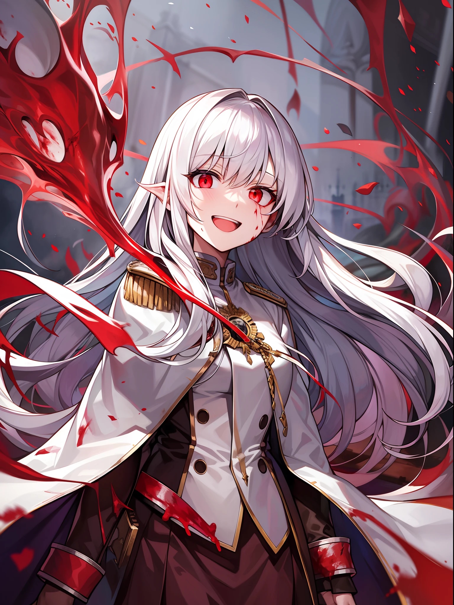 Surrounded by demons, he is covered in blood and dressed in a tattered white priest's uniform.(Battle)White priest with a crazy smile working
