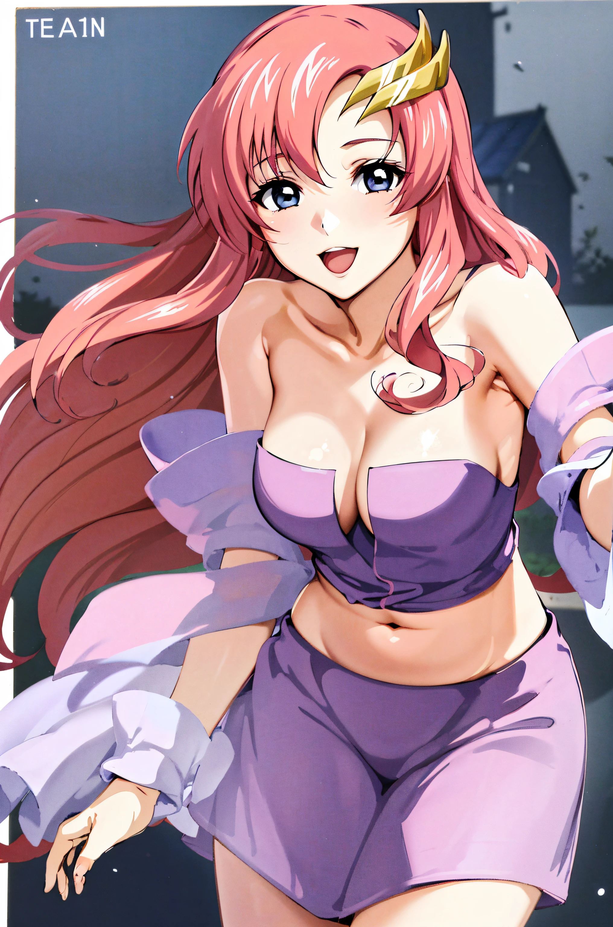 (masutepiece, 4K, Best Quality, Anime style: 1.9, Detailed face, Pure white background, bold drawing lines, hight resolution, lacus4), 1girl in, Solo, curvy figure, Long hair, Wavy Hair,  Hair Ornament, Pink hair, cleavage, Big blue eyes, Off-shoulder, medium breasts, Smile, open mouth very much, very slim belly, cowboy  shot, Leaning forward, Hungry、Pale and beautiful depiction、Beautiful pink hair、