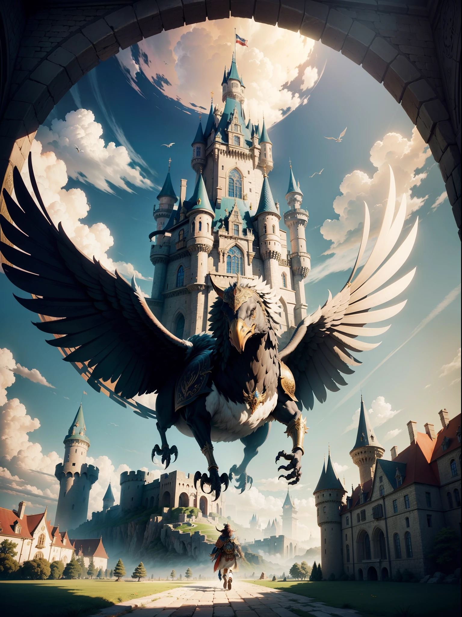 (masterpiece, vibrant, creative, bes quality), a huge castle on a giant eagle, walking across the land, fantasy art, intricate and highly detailed, cloud, (ray tracing, global illumination)