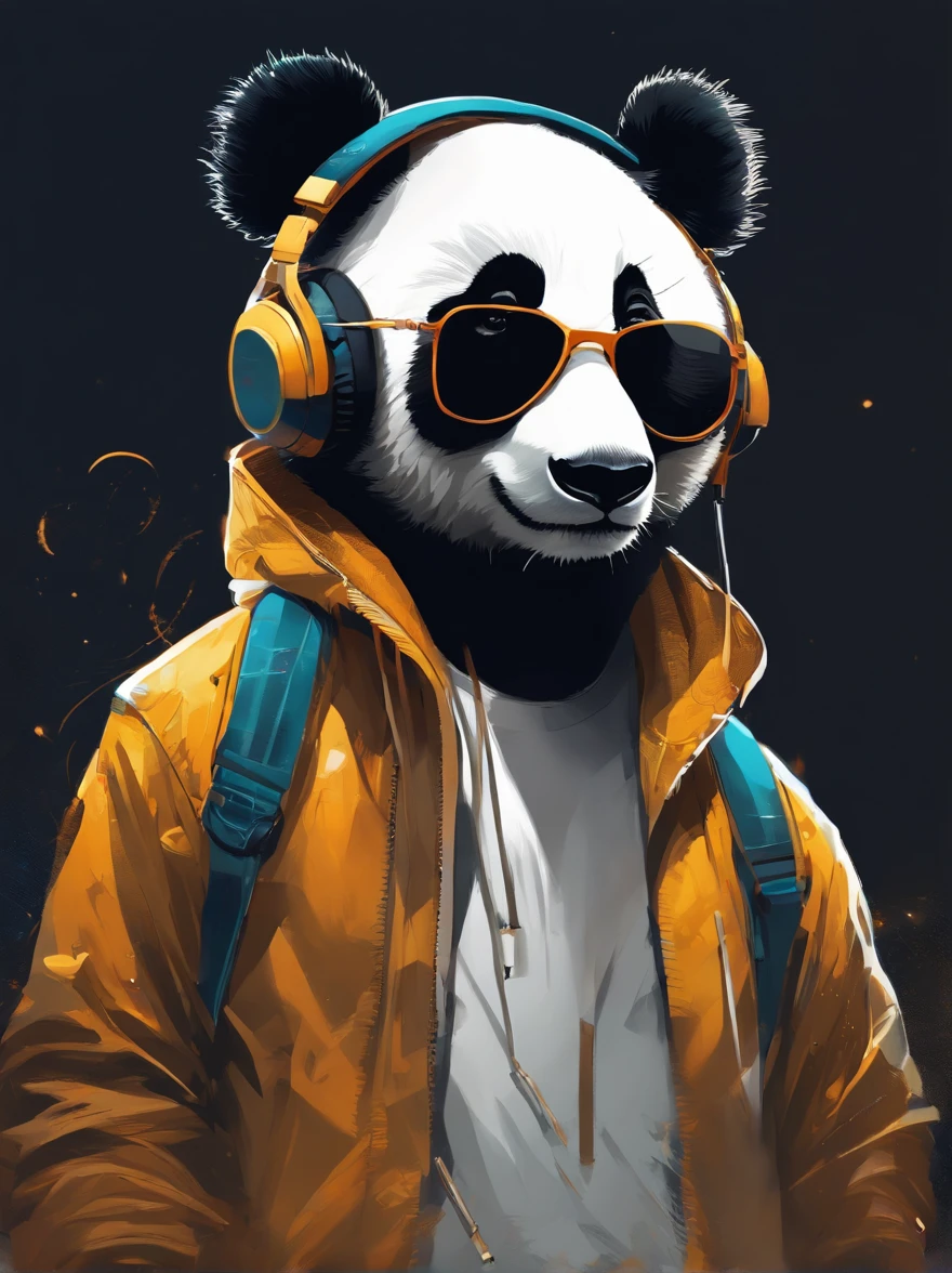 Perfect centering, A cute panda, Wear a student jacket, Wearing sunglasses, Wearing headphones, Standing position, Abstract beauty, Centered, Looking at the camera, Facing the camera, nearing perfection, Dynamic, Moonlight, Highly detailed, Digital painting, art  stations, concept-art, smooth, Sharp focus, 8K, high definition resolution, illustration, Art by Carne Griffiths and Wadim Kashin, White background