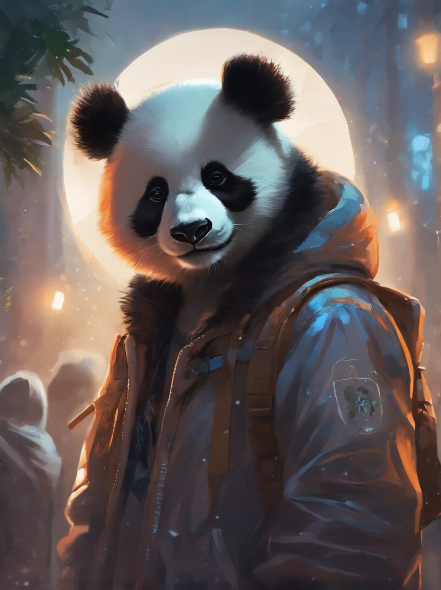 Perfect centering, A cute panda, Wear a student jacket, Wearing sunglasses, Wearing headphones, Standing position, Abstract beauty, Centered, Looking at the camera, Facing the camera, nearing perfection, Dynamic, Moonlight, Highly detailed, Digital painting, art stations, concept-art, smooth, Sharp focus, 8K, high definition resolution, illustration, Art by Carne Griffiths and Wadim Kashin, White background